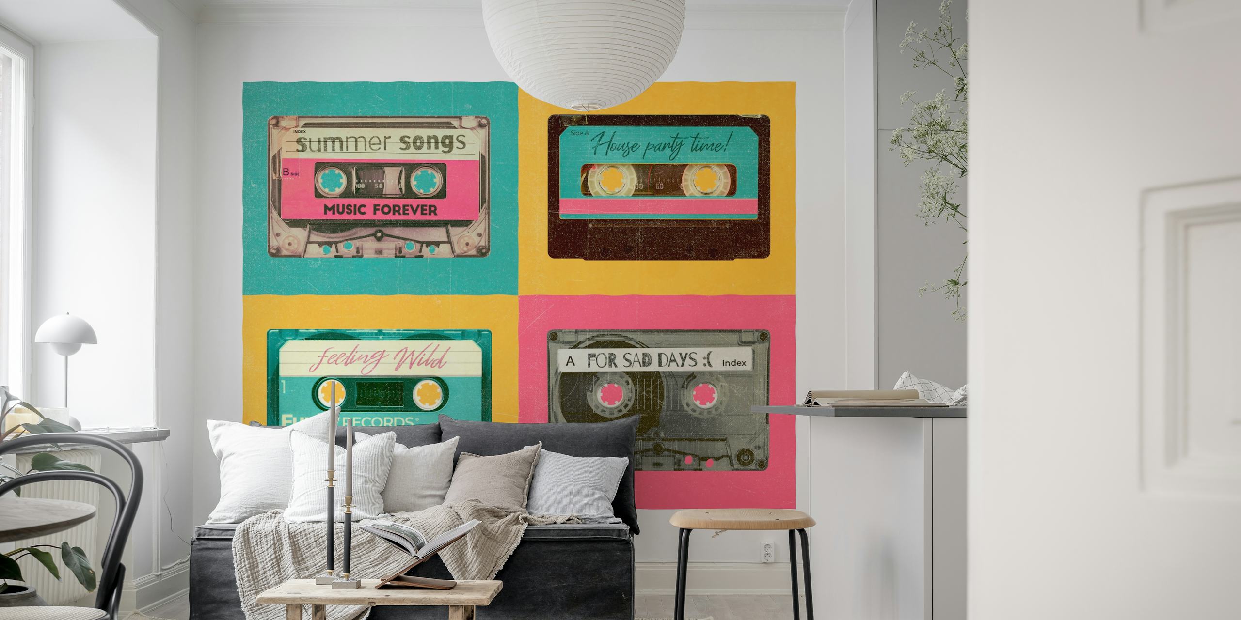 Retro cassette tape design in pastel kleuren wallpaper