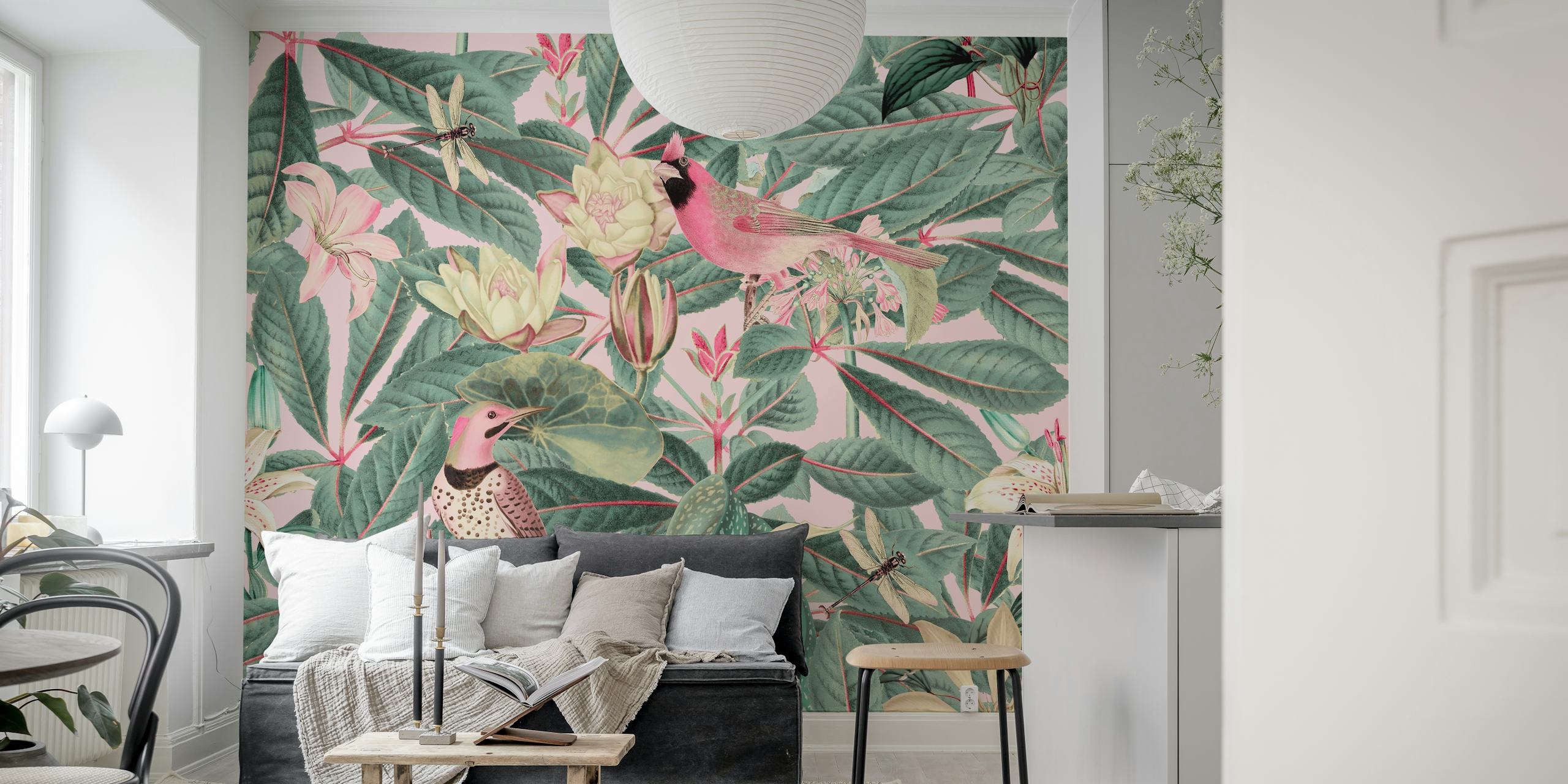 Botanisch patroon met vogels en bloemen in pastelkleuren wallpaper
