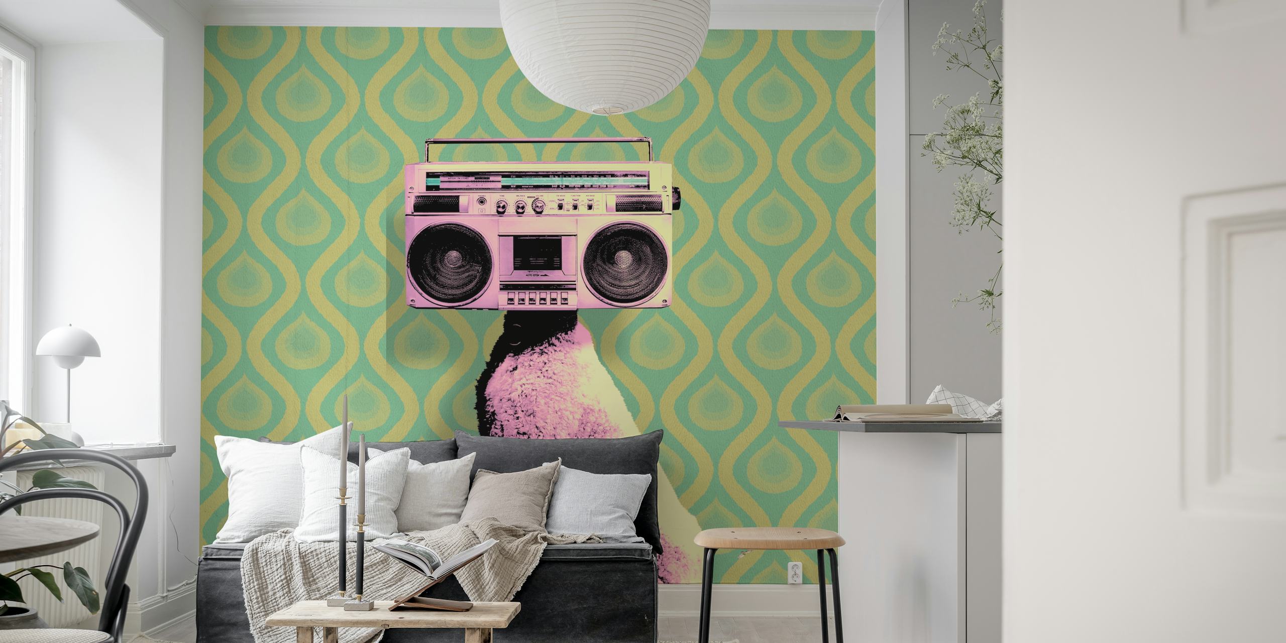 Retro dog with a boombox on a green chevron wallpaper