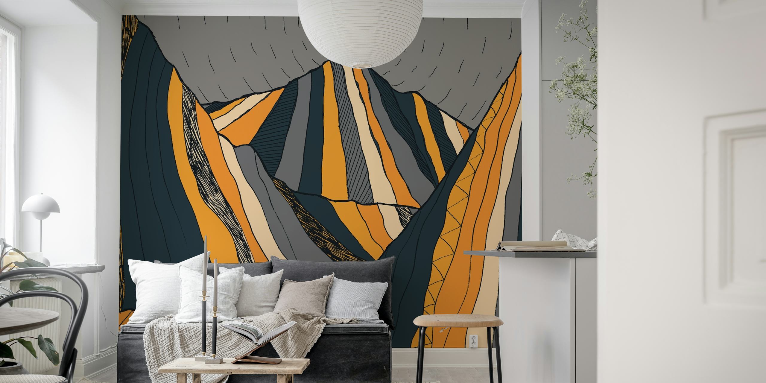 Abstract mountain landscape wall mural under a grey sky with earthy tones