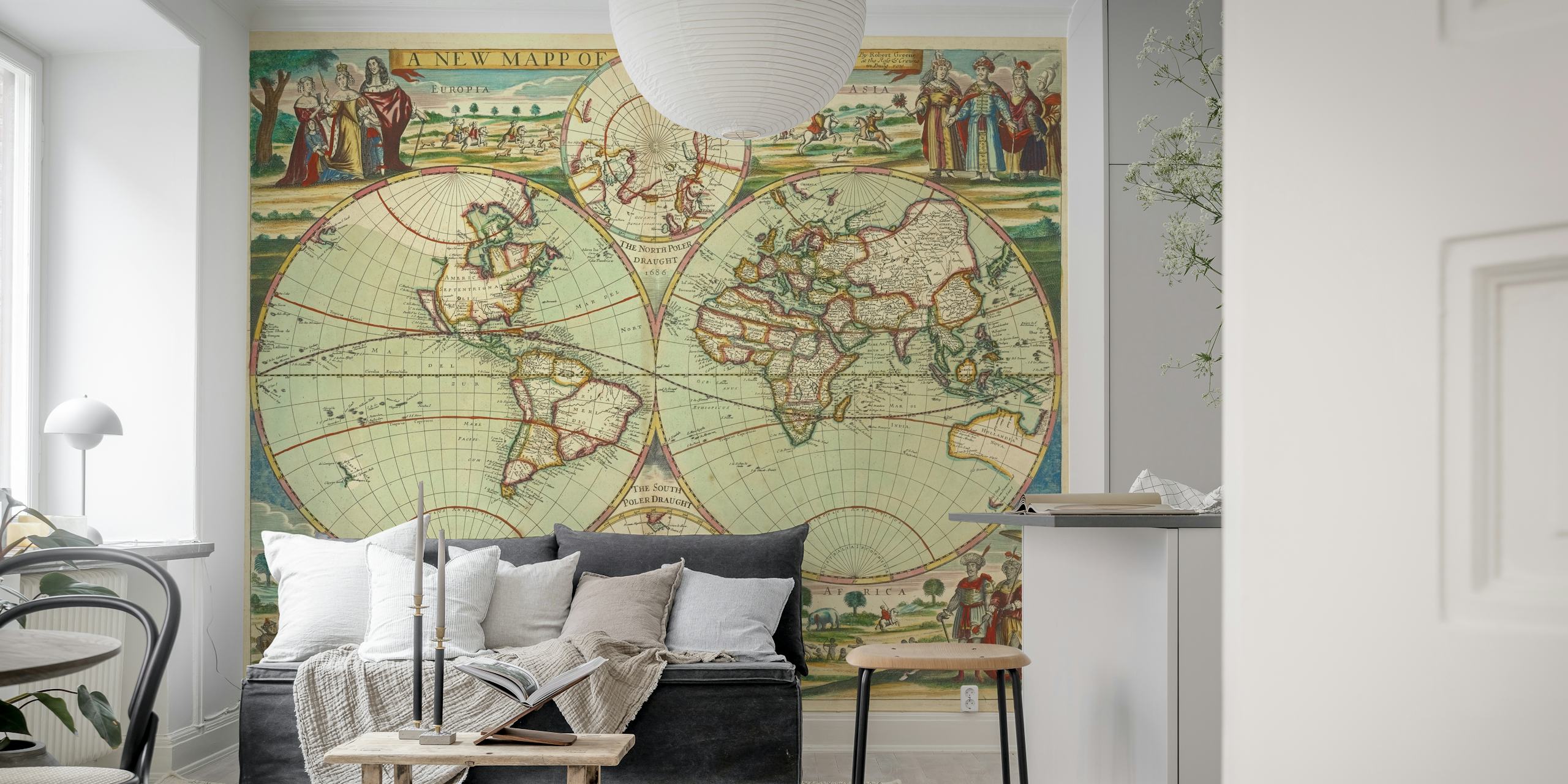 Illustrated Vintage World Map papel de parede em um quarto