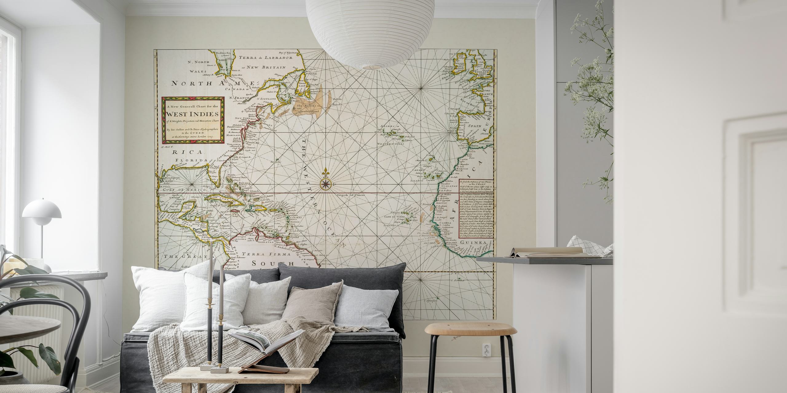 1703 West Indies ancient map wallpaper in a room