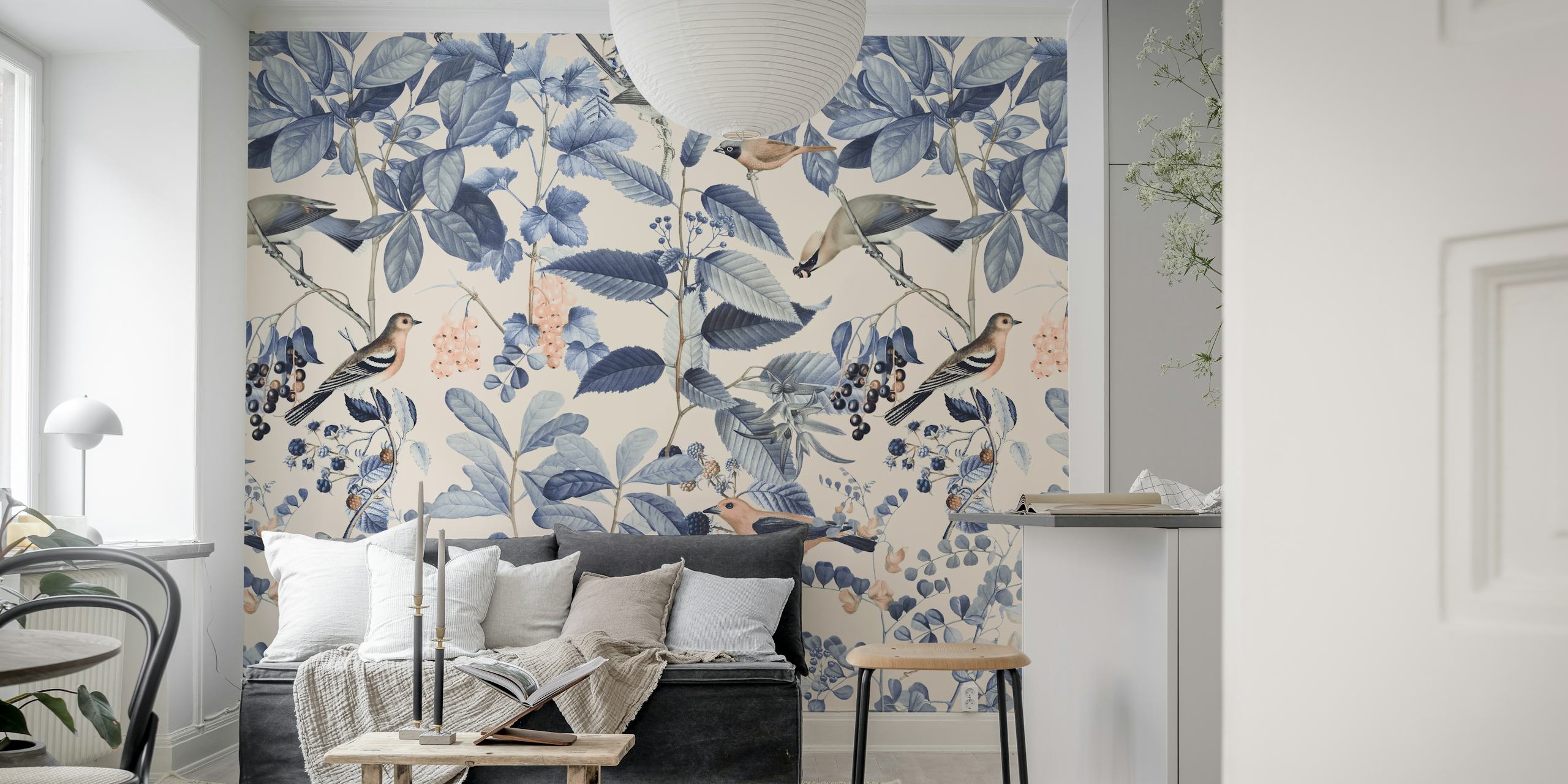Blue birds and berries wallpaper in a room