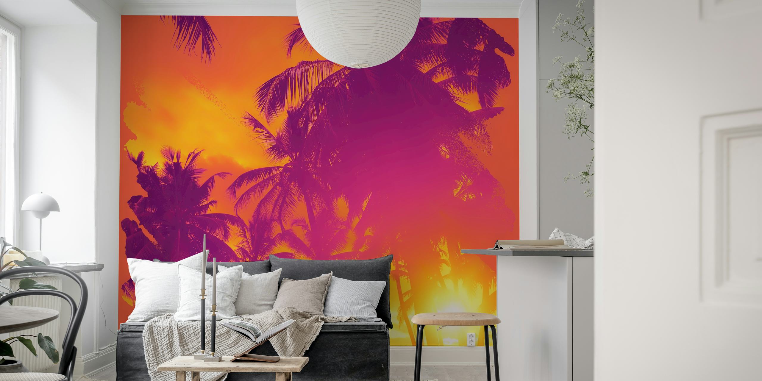 Retro sunset with palm tree silhouettes wall mural
