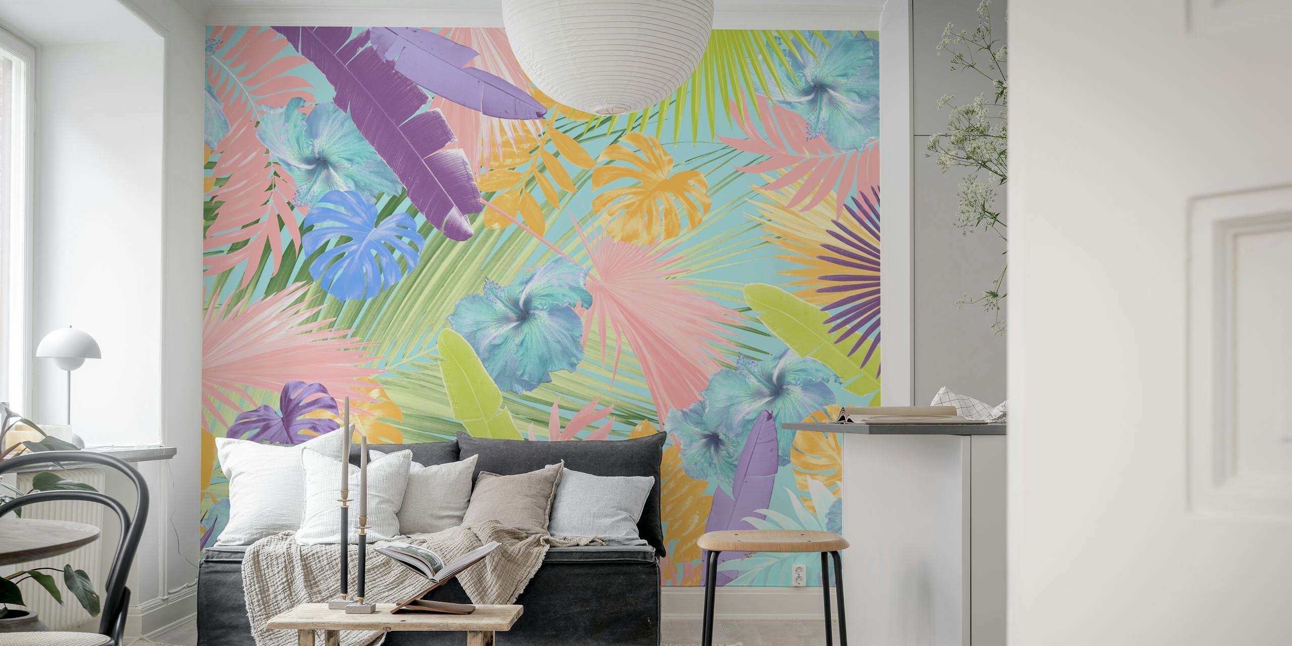 Colorful tropical floral design with pastel hibiscus and leaves wallpaper