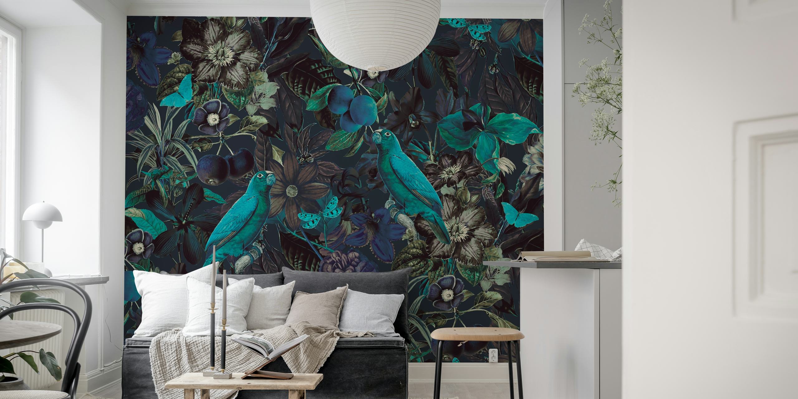 Tropical floral pattern with teal birds and dark flowers wallpaper