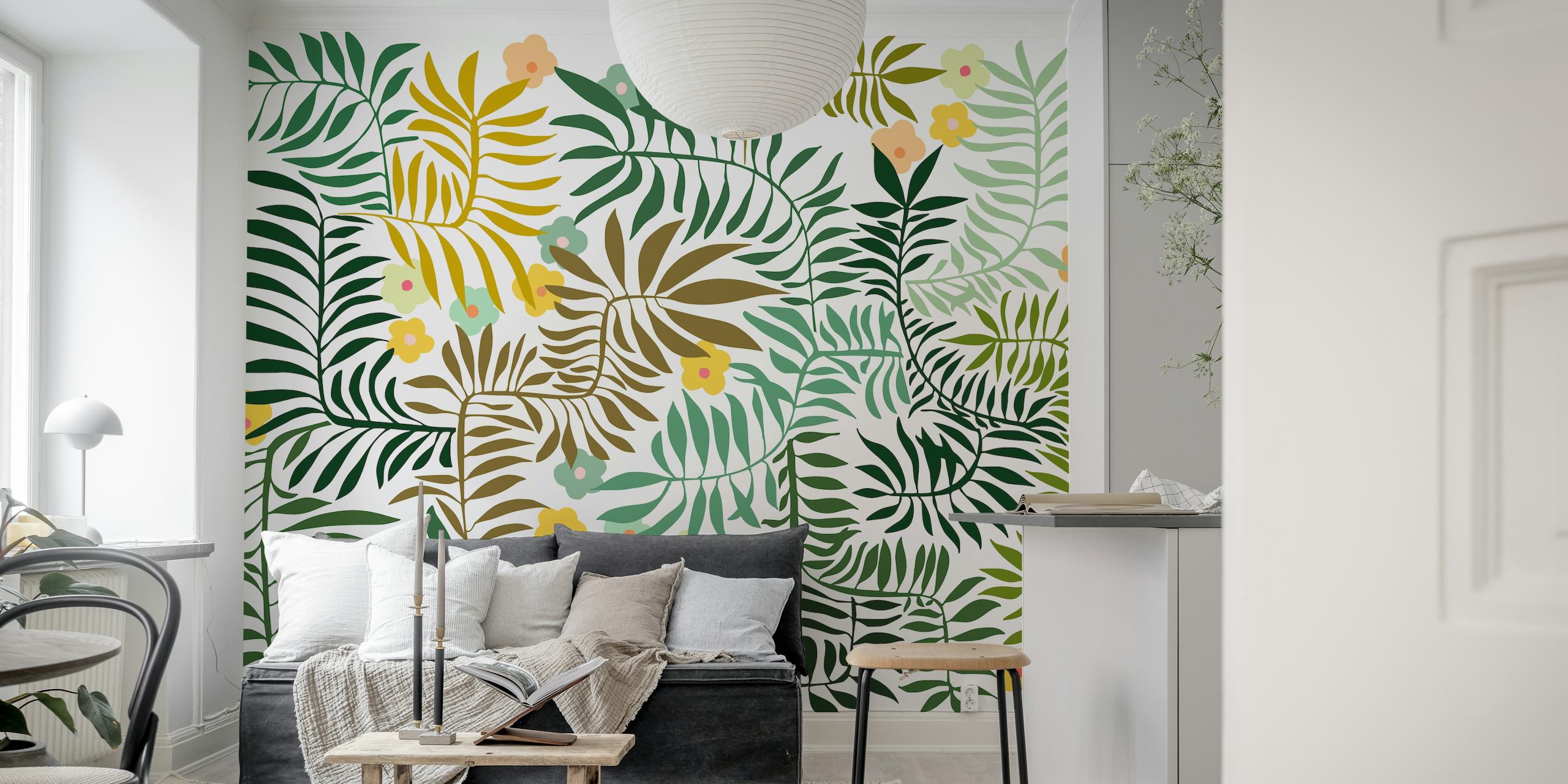 Tropical leaves with colorful flowers in green, yellow, and pink wallpaper