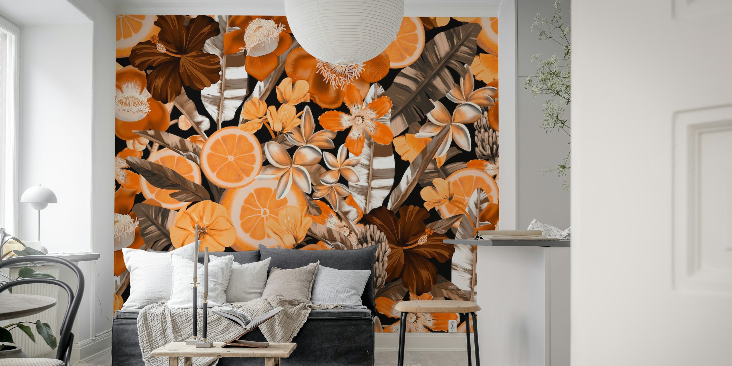 Seamless flowers and fruits wallpaper in een kamer