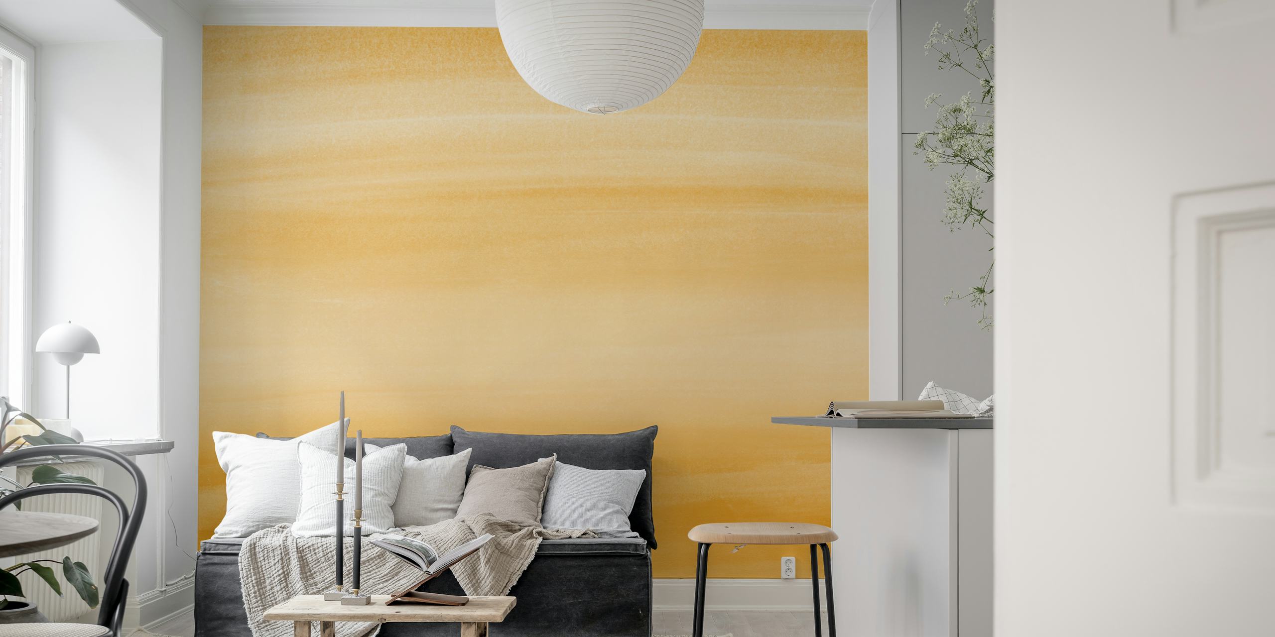 Warm yellow watercolor wallpaper in a room