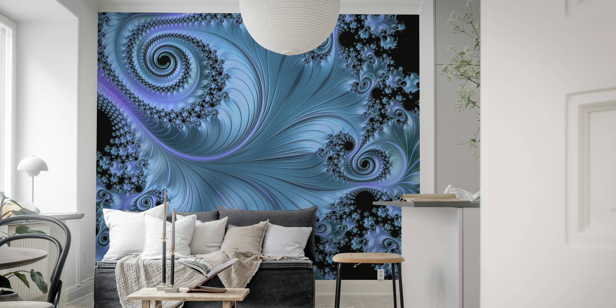 Blue fractal wave wallpaper in a room