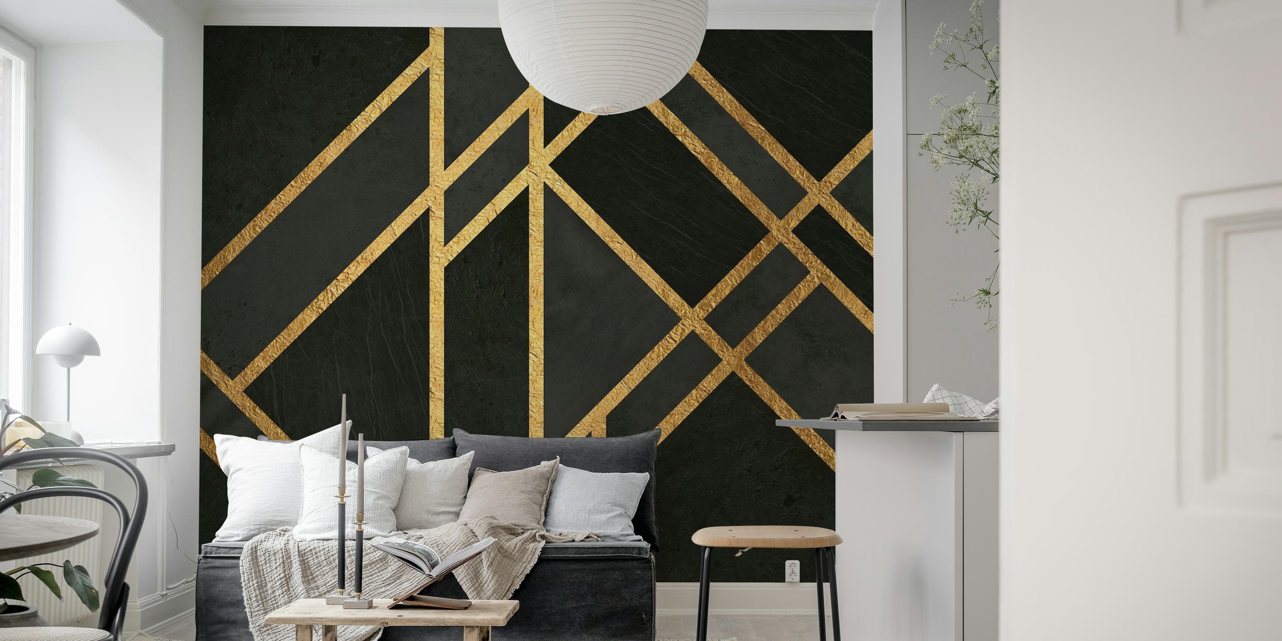 Urban Black Art Deco wall mural with gold geometric patterns on a black background
