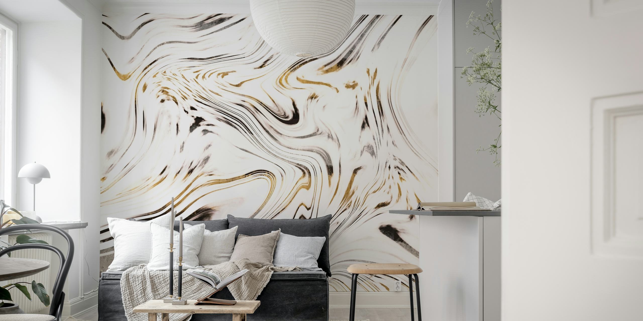 Liquid gold and black marble pattern wallpaper