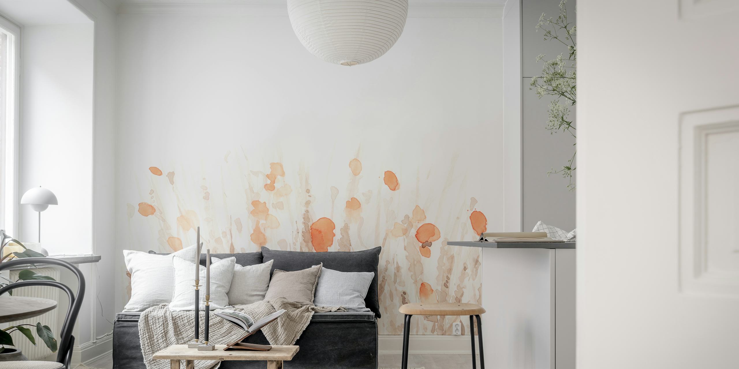 Champ de coquelicots aquarelle beige et orange wallpaper