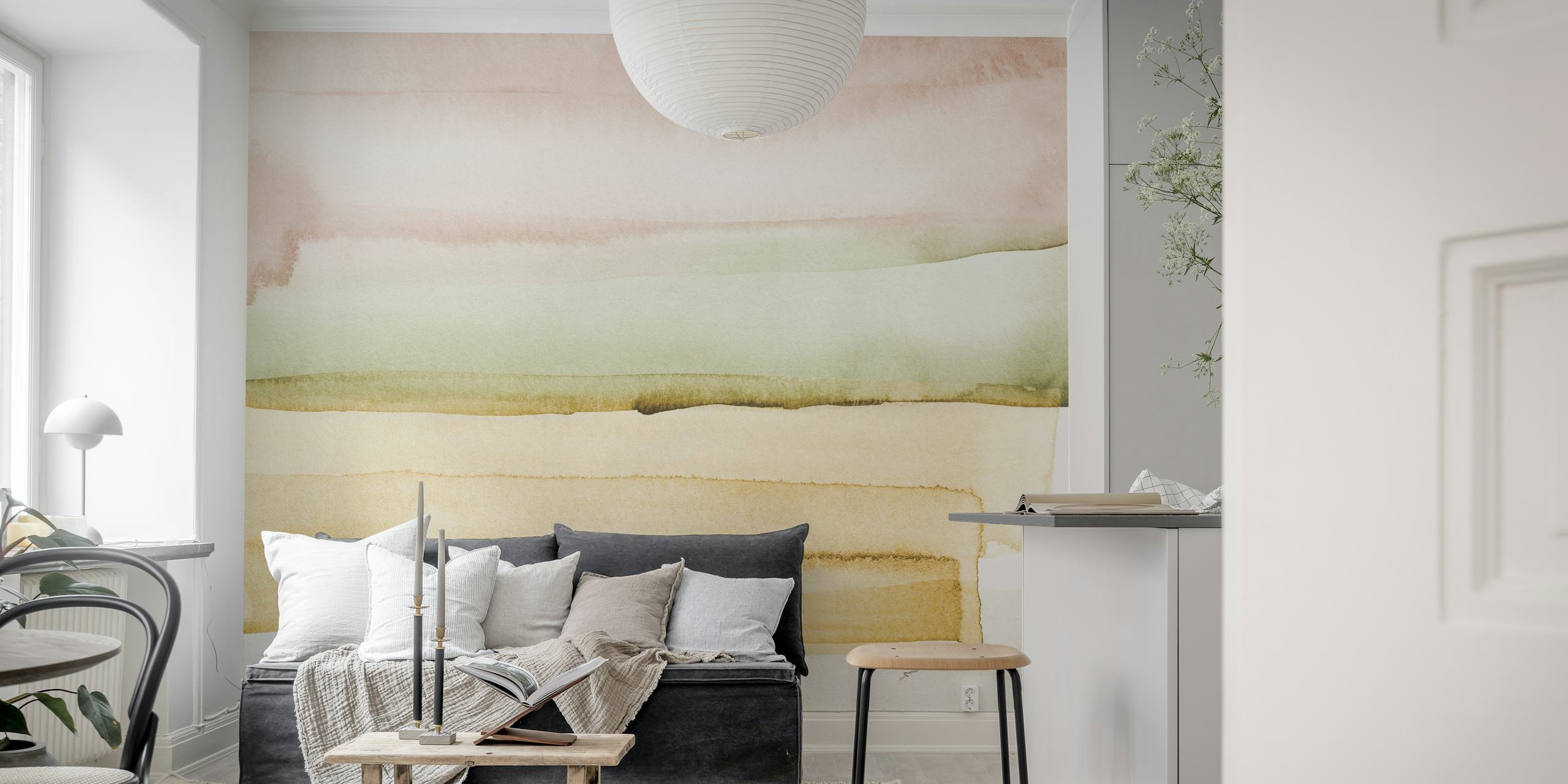 Watercolor stripes in soft earth tones: pink, green, beige wallpaper