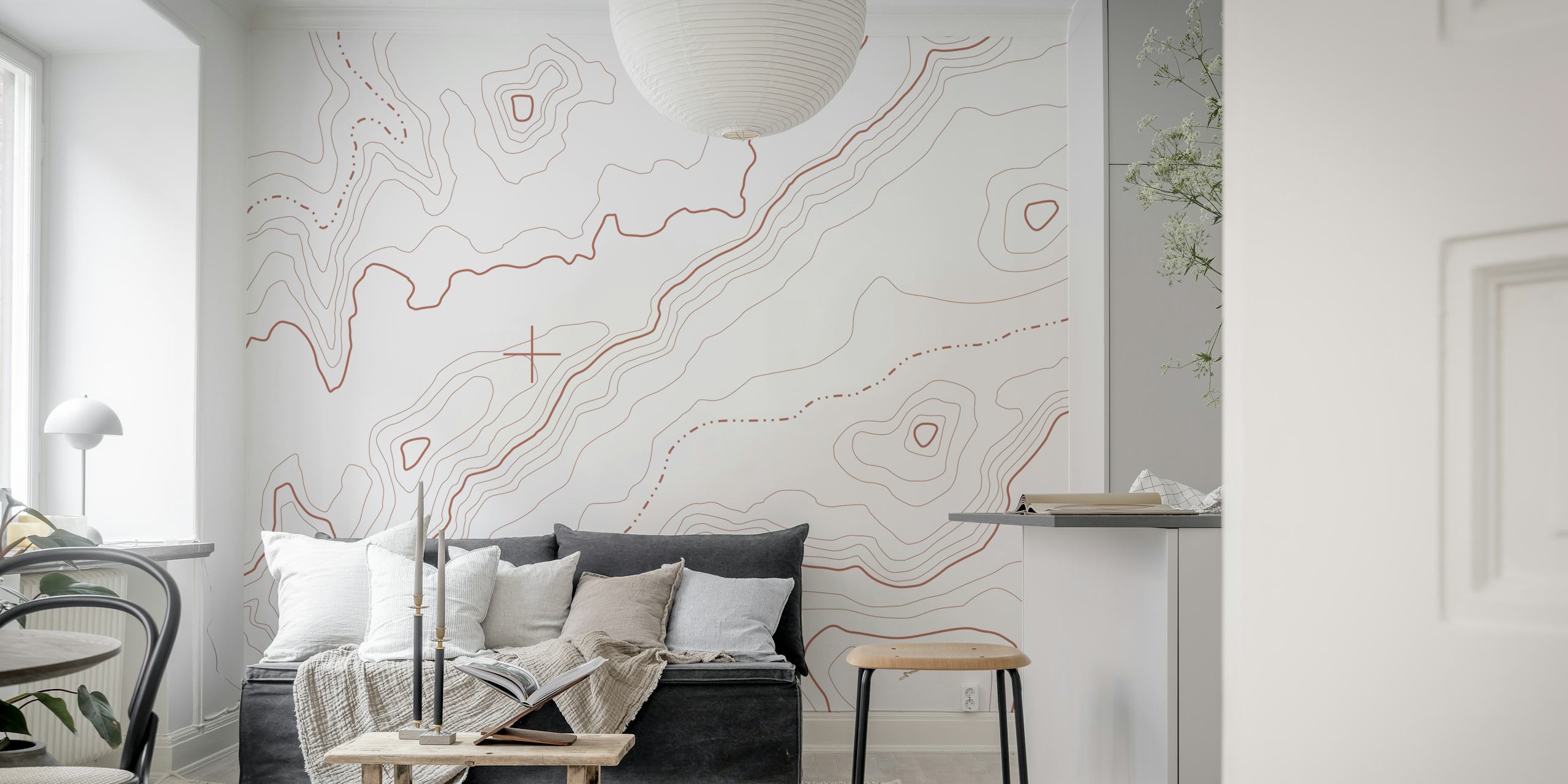 Red topographical map wallpaper in a room