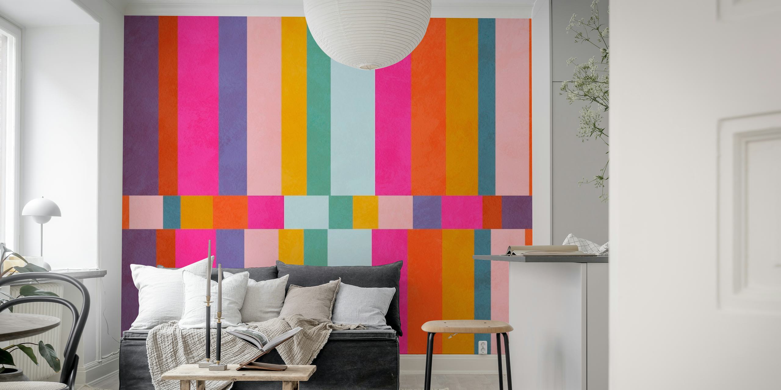 Colorful striped wall mural with a mix of purple, orange, green, and blue shades