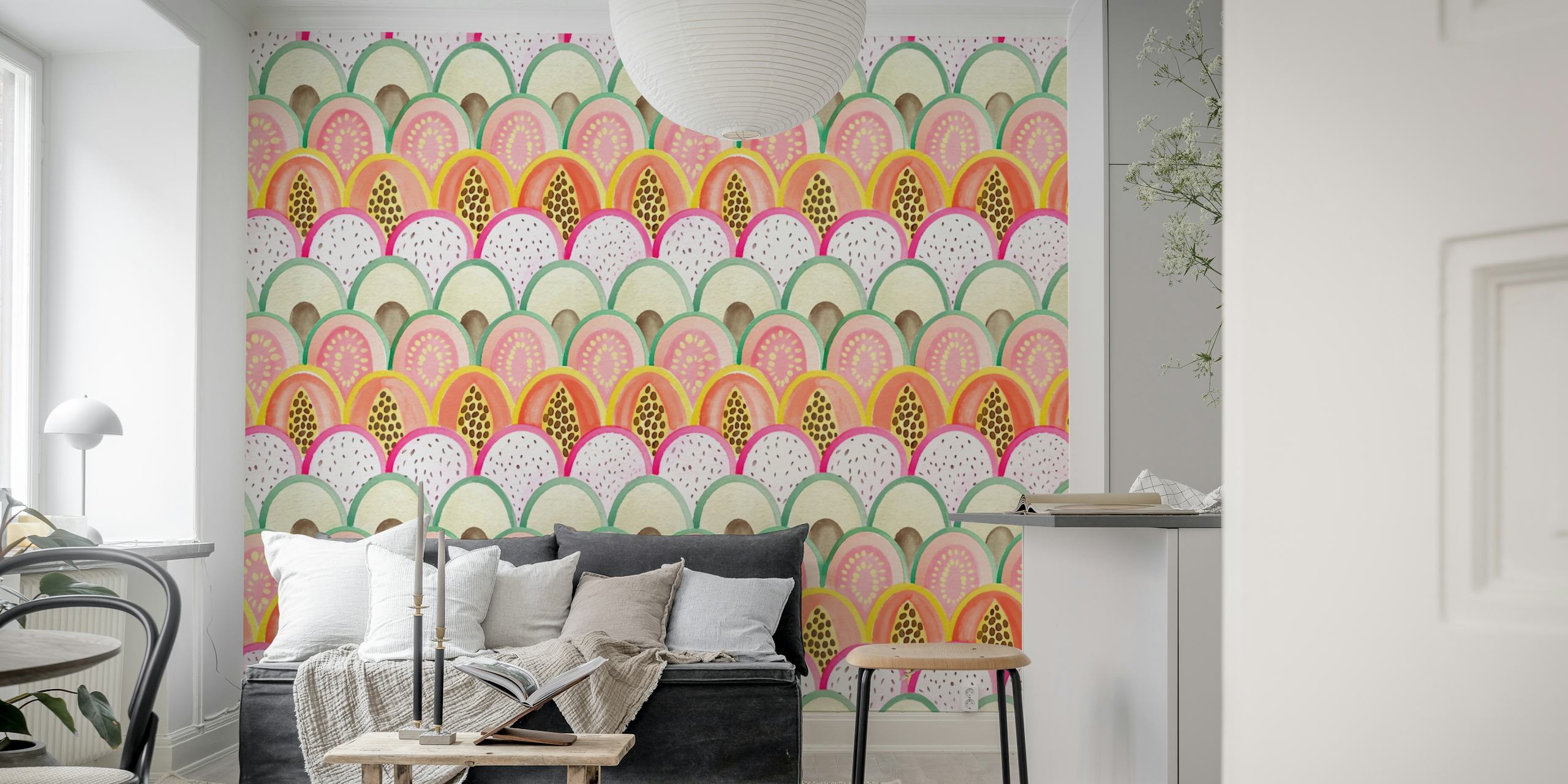 Colorful scales pattern in pink, yellow, and green wallpaper