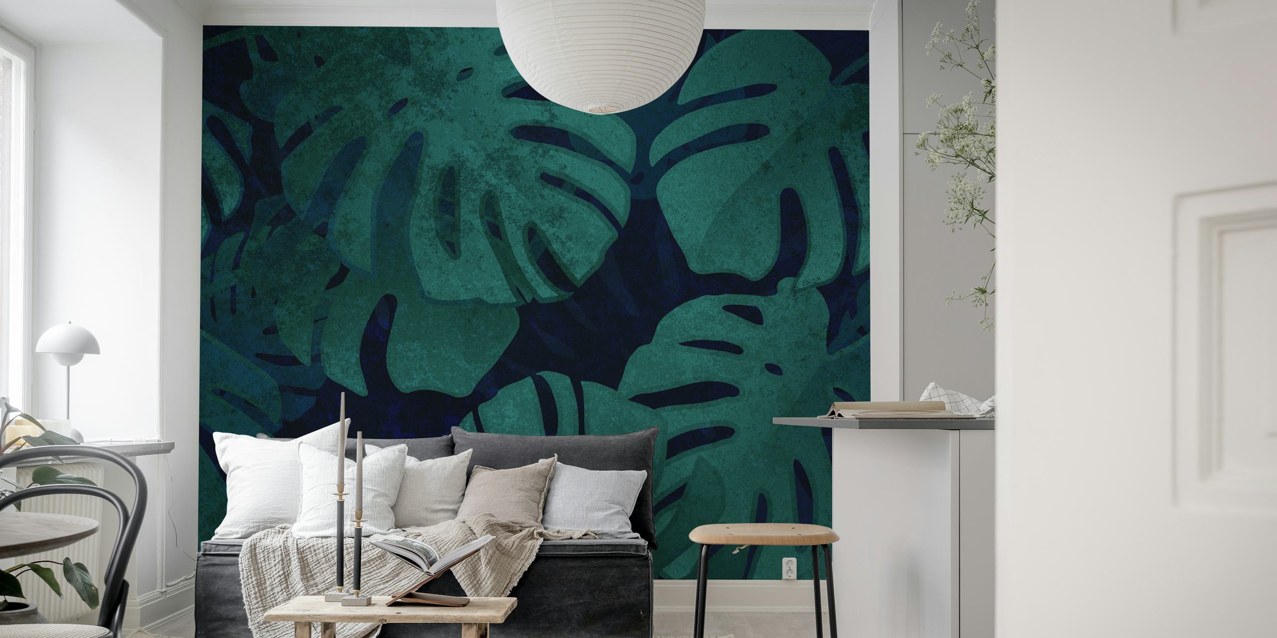 Trooppinen Monstera Leaf -seinämaalaus rikkailla vihreillä sävyillä ja varjoefekteillä