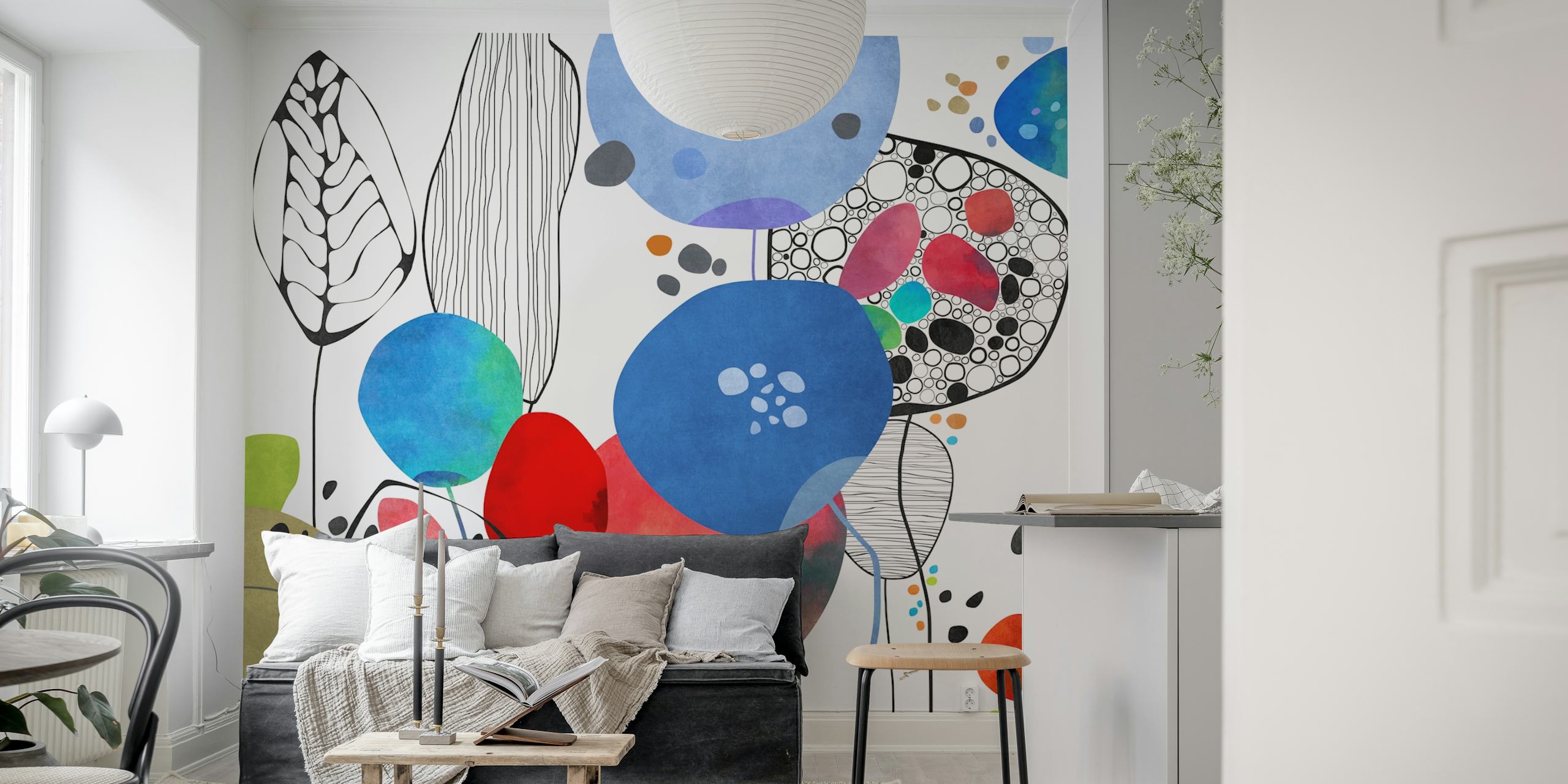 Colorful floral motifs with blue, red, green, and black lines wallpaper