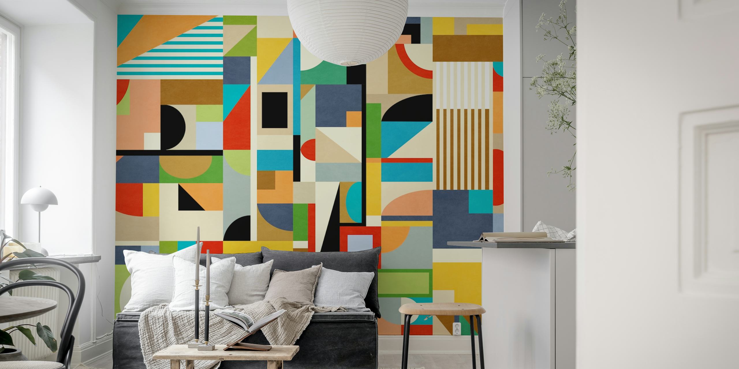 Colorful abstract geometric wallpaper displayed in a room