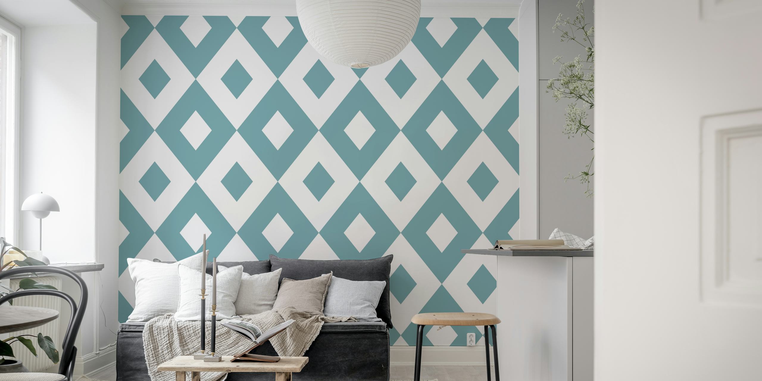 Teal blue white rhombus pattern tapet i ett rum