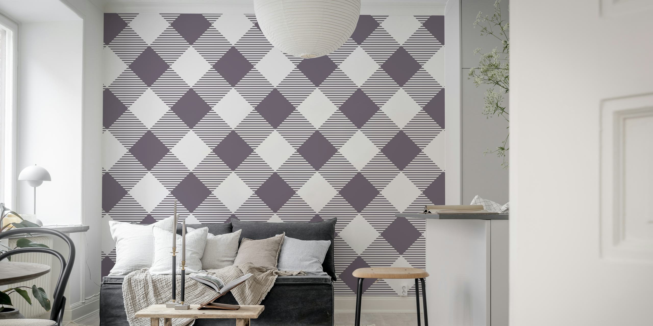 Λευκή και μπεζ τοιχογραφία με μοτίβο gingham