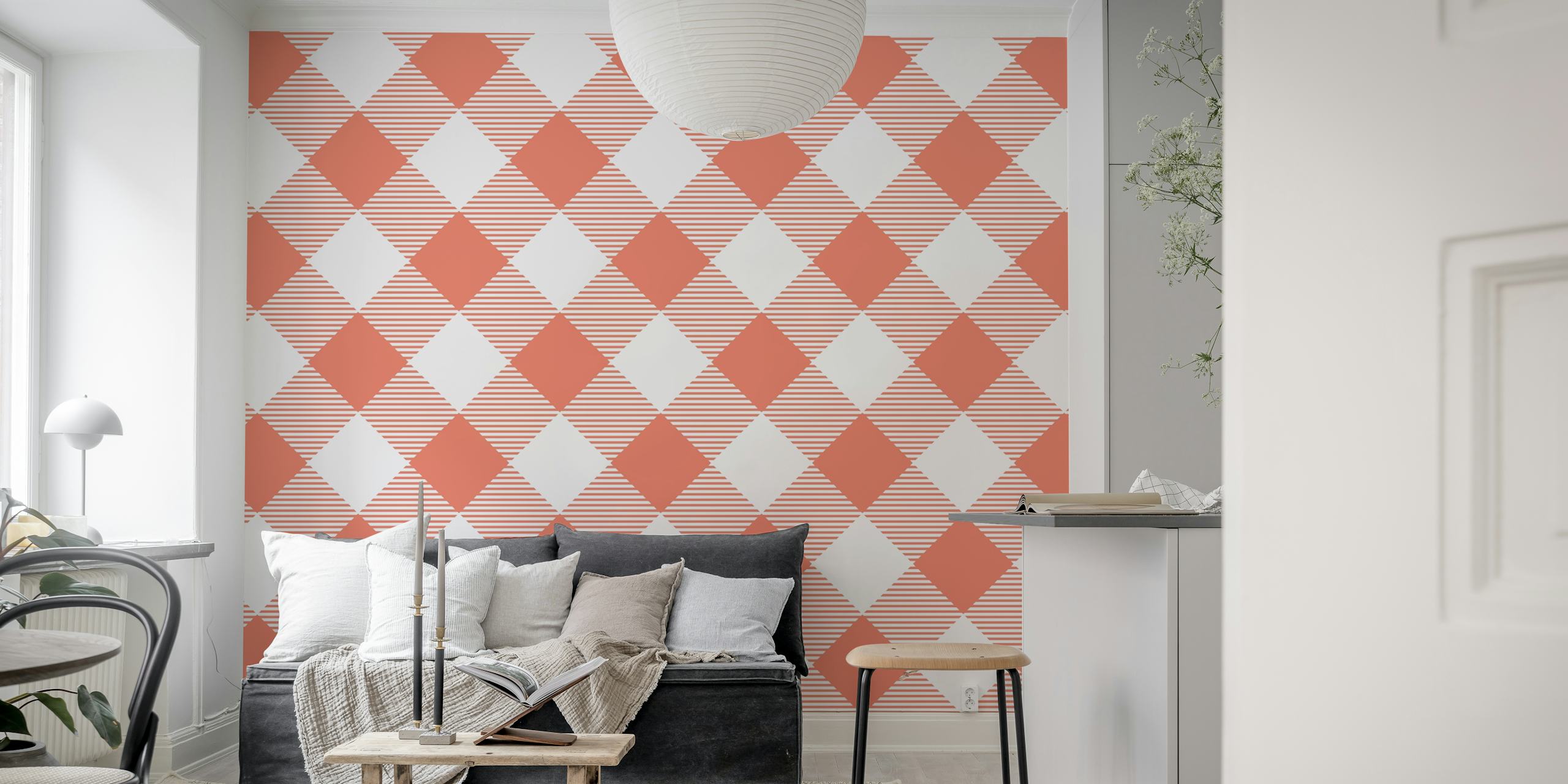 Coral orange and white gingham pattern wall mural