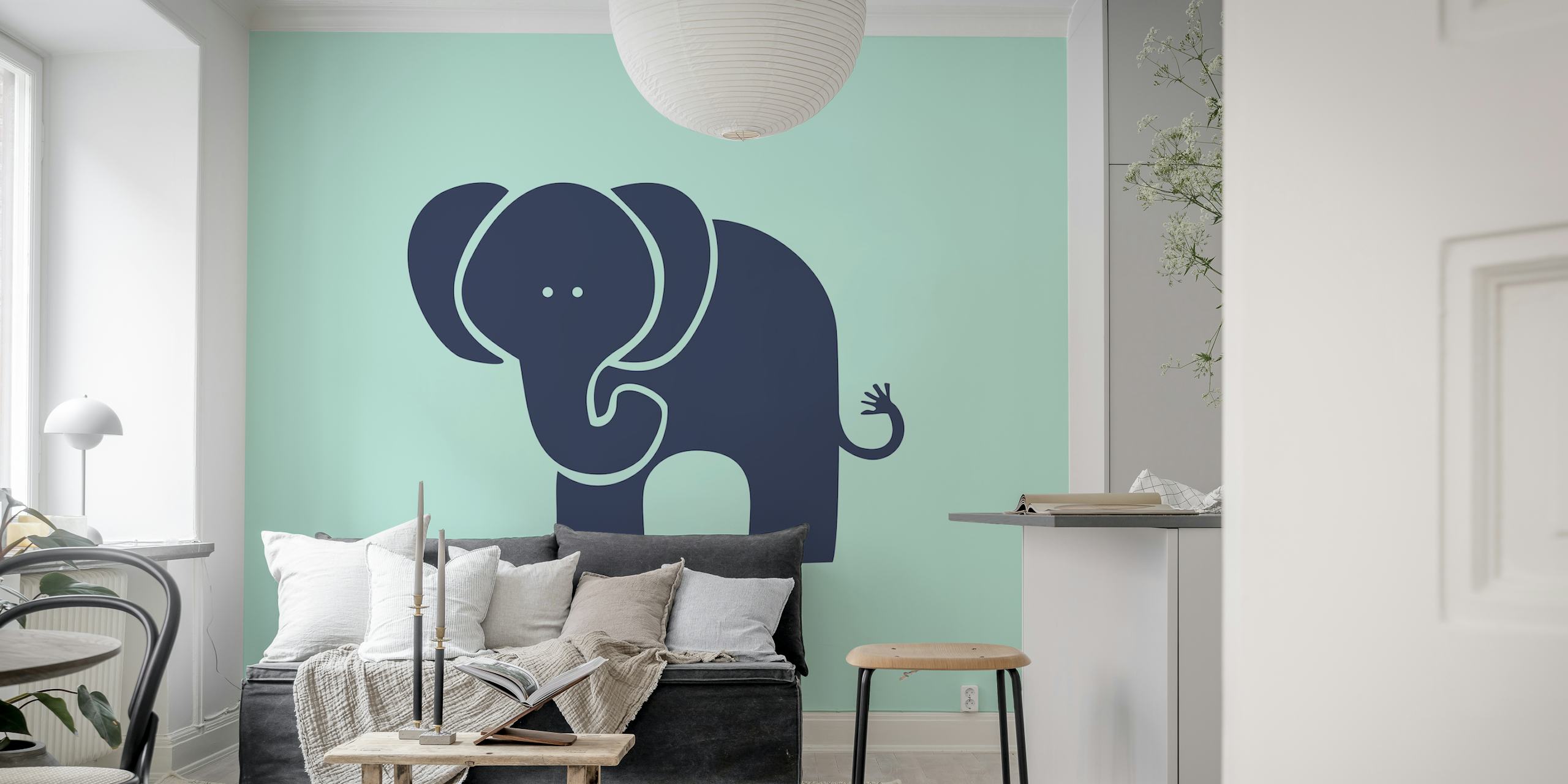Minimal Aqua Indigo Elephant wallpaper in a room