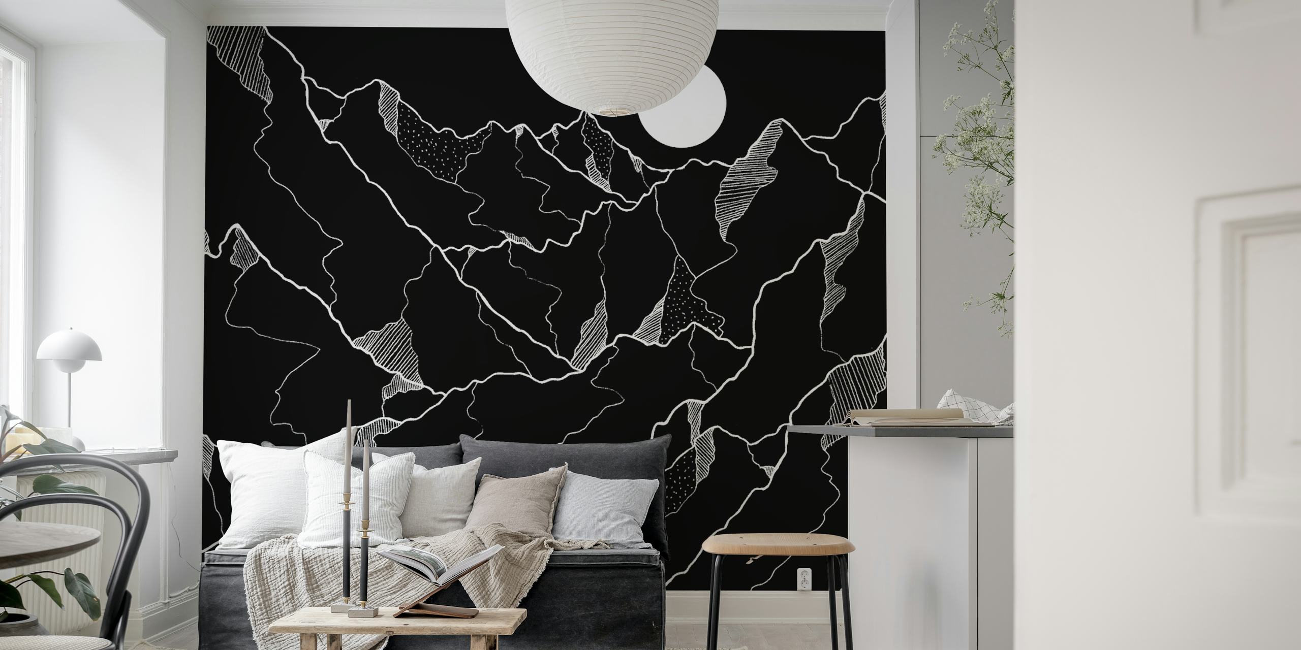 Monokrom fjelltopper veggmaleri med måne