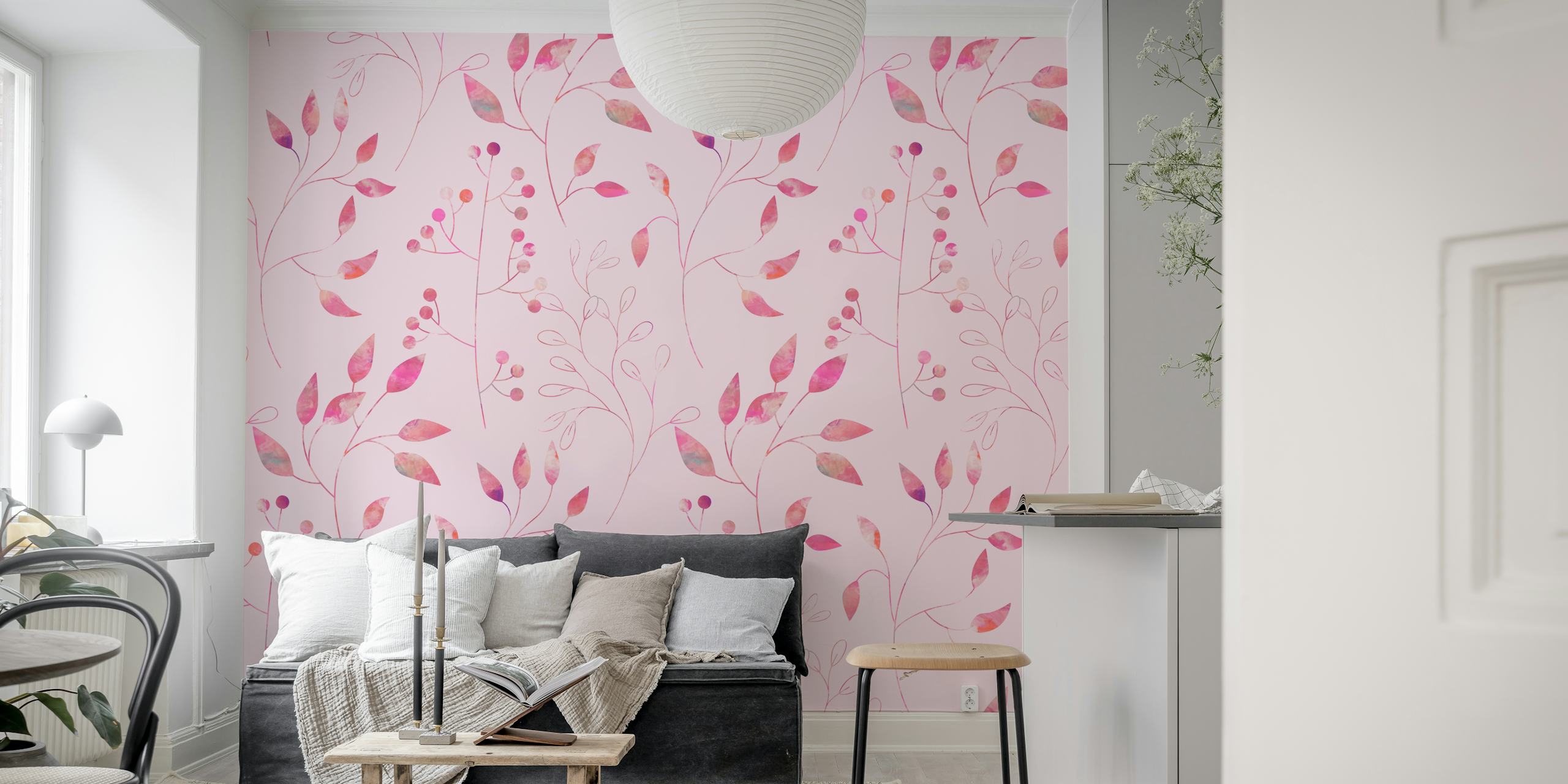 Floral Simplicity Pretty Pink wall mural with soft pink leaves and branches