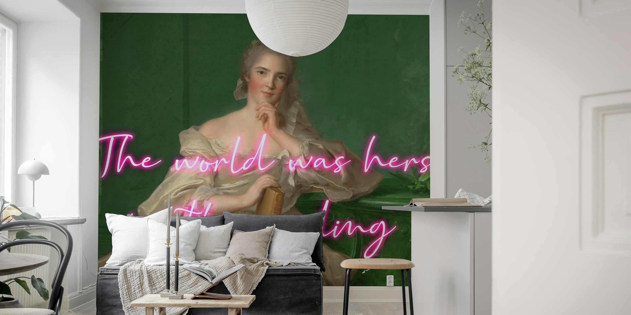 Vintage floral reading wallpaper with lady holding a book, green background