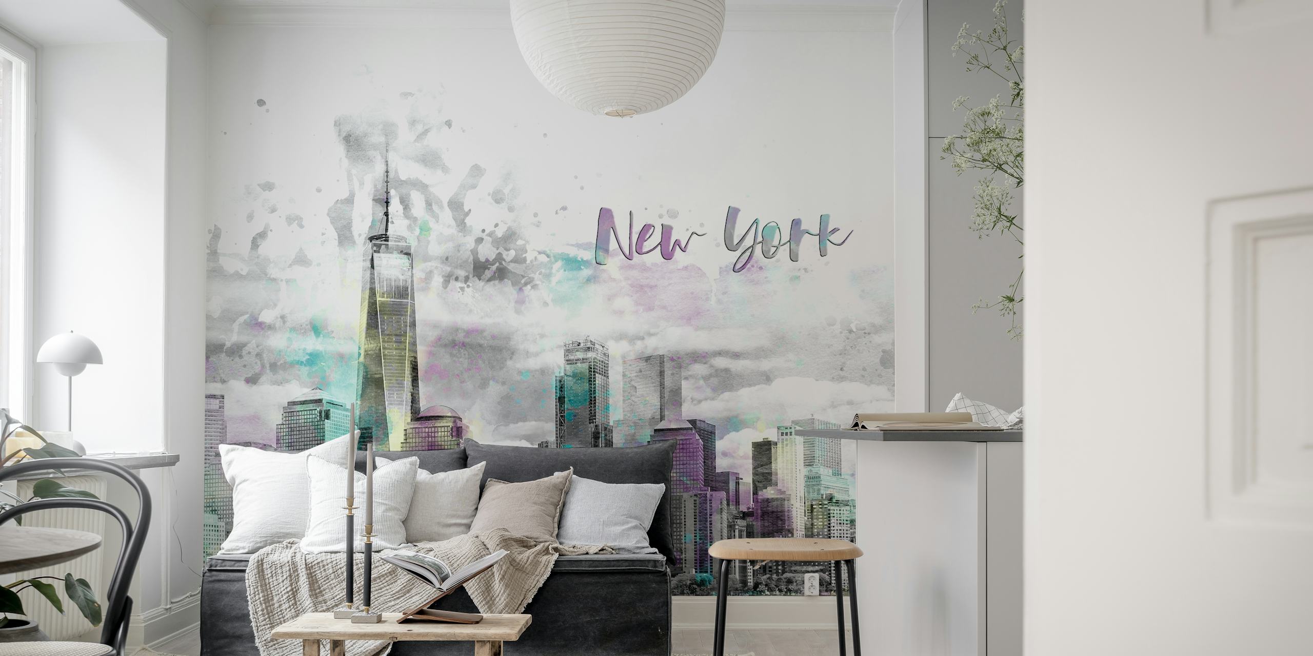 Modern Art NYC Skyline wallpaper in a room