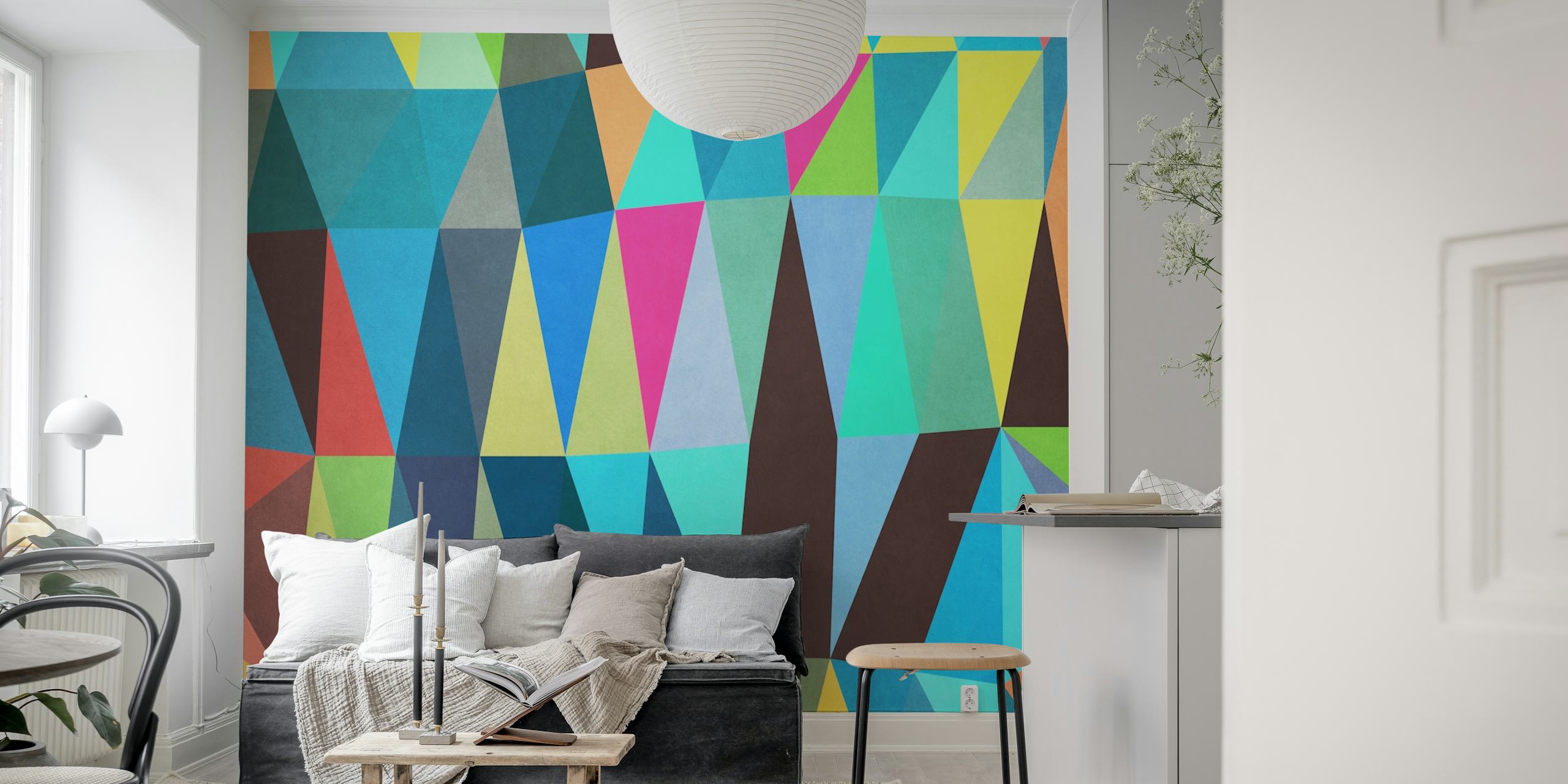 Abstract geometric wallpaper design in a room