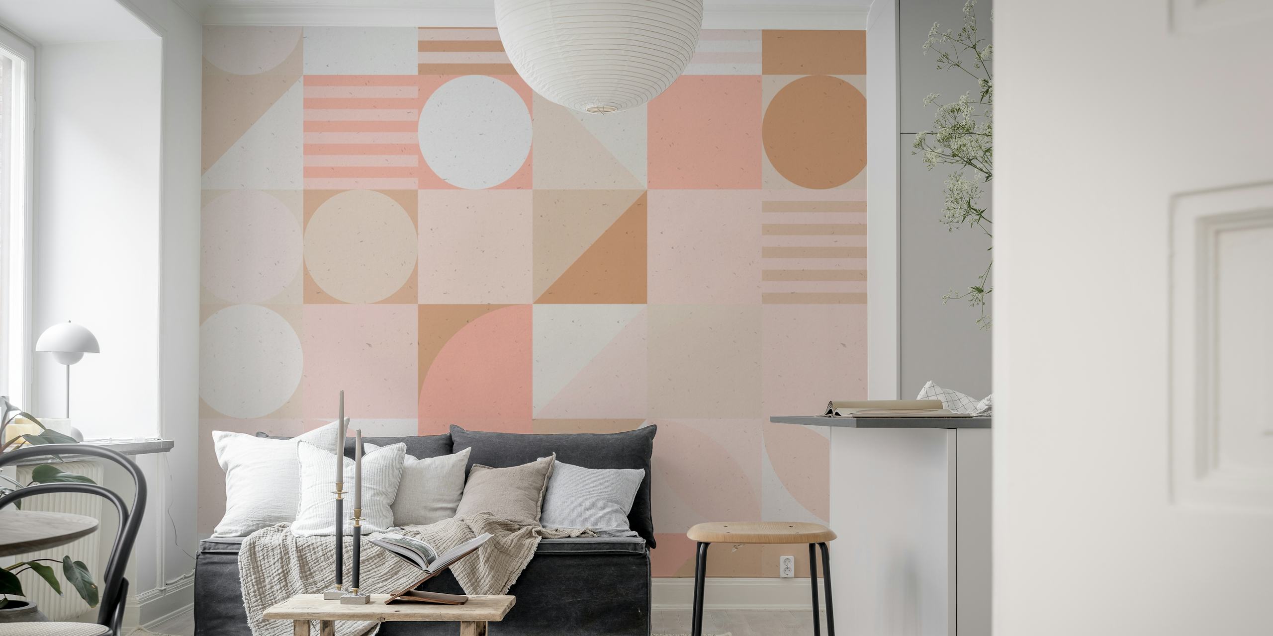 Geometric pink and beige patterns with circles and squares wallpaper