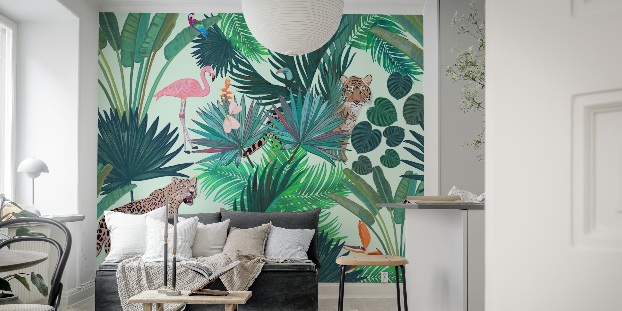 Tiger and leopard among green tropical leaves and pink flamingo wallpaper