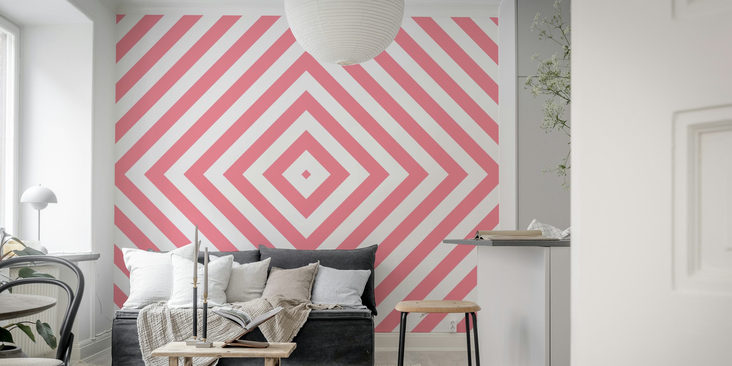 Geometric pink and white striped wallpaper