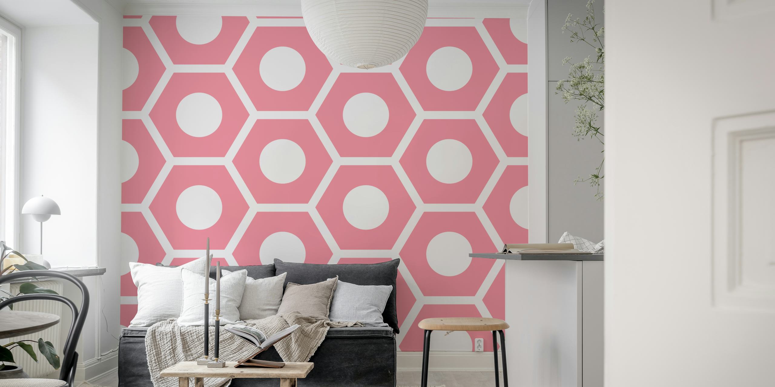 Papel pintado Pink White Hexagon Pattern en una habitación