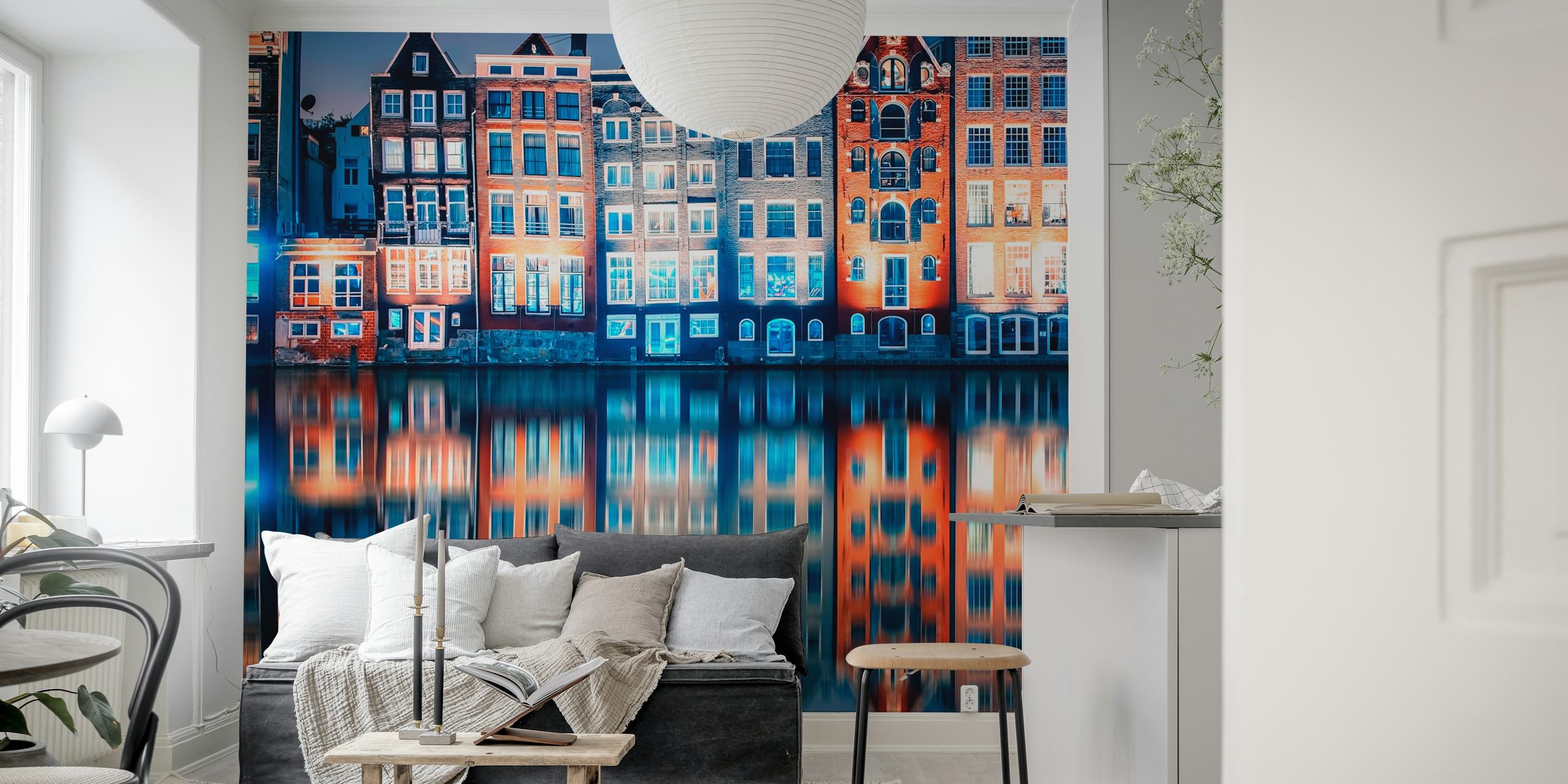 Amsterdam canal night scene wallpaper with colorful buildings and reflections