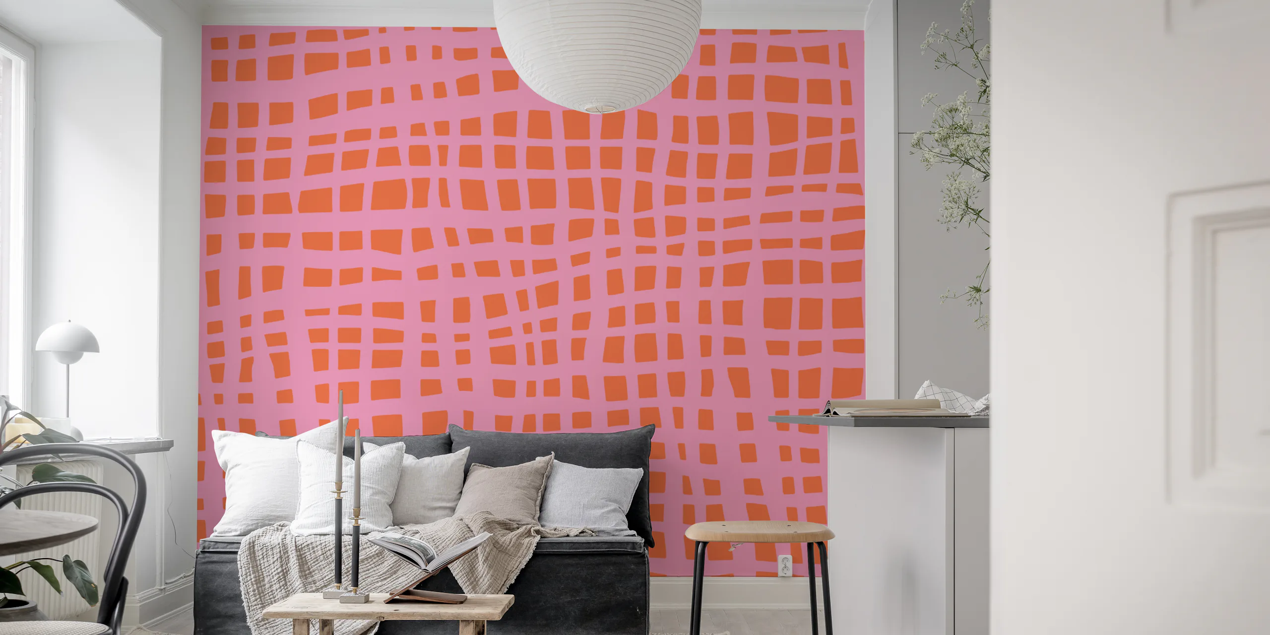 Retro Grid Pattern Orange Pink Wallpaper | Happywall