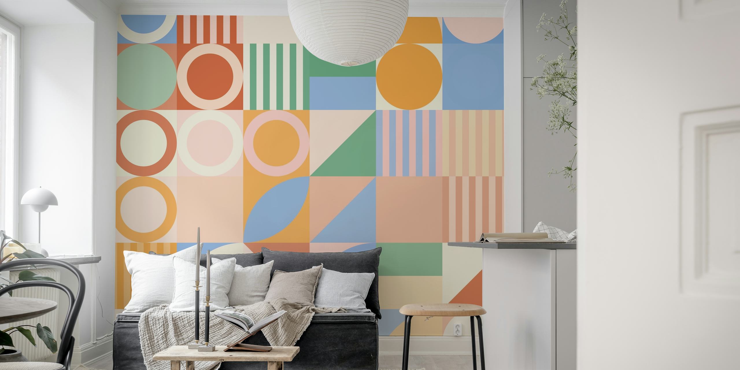 Geometrisches Frühlingsthema-Wandbild mit Pastellfarben und abstrakten Formen