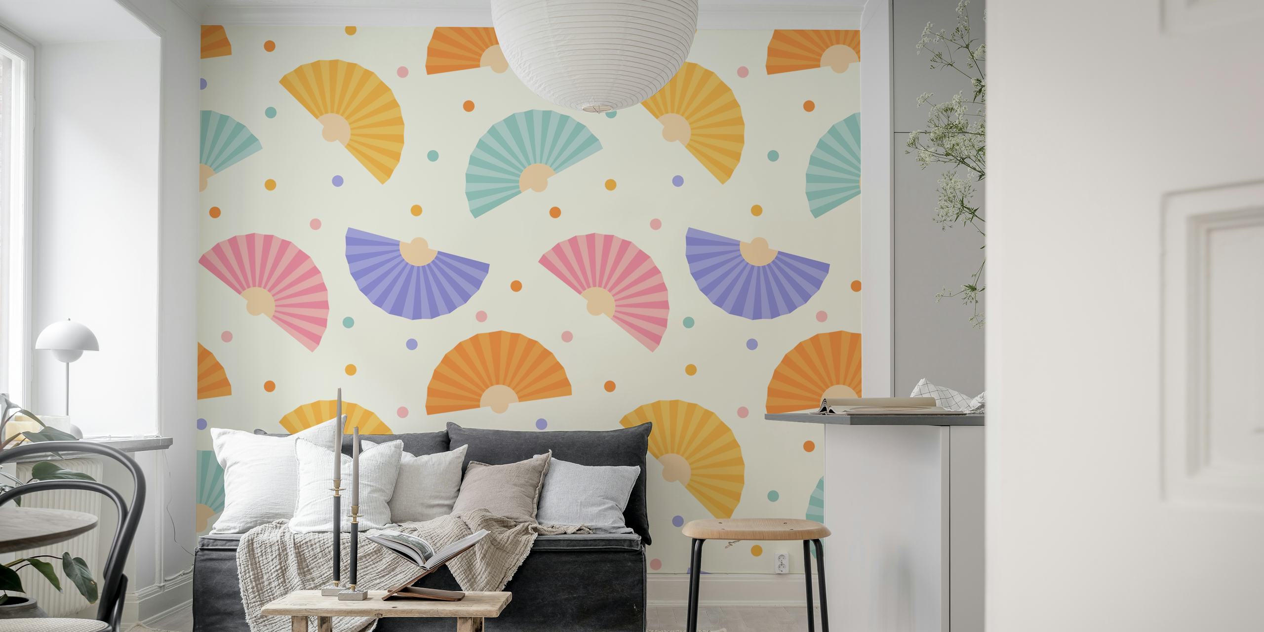 Hand Fans - Pastel wall mural with soft-hued decorative fans on a white background
