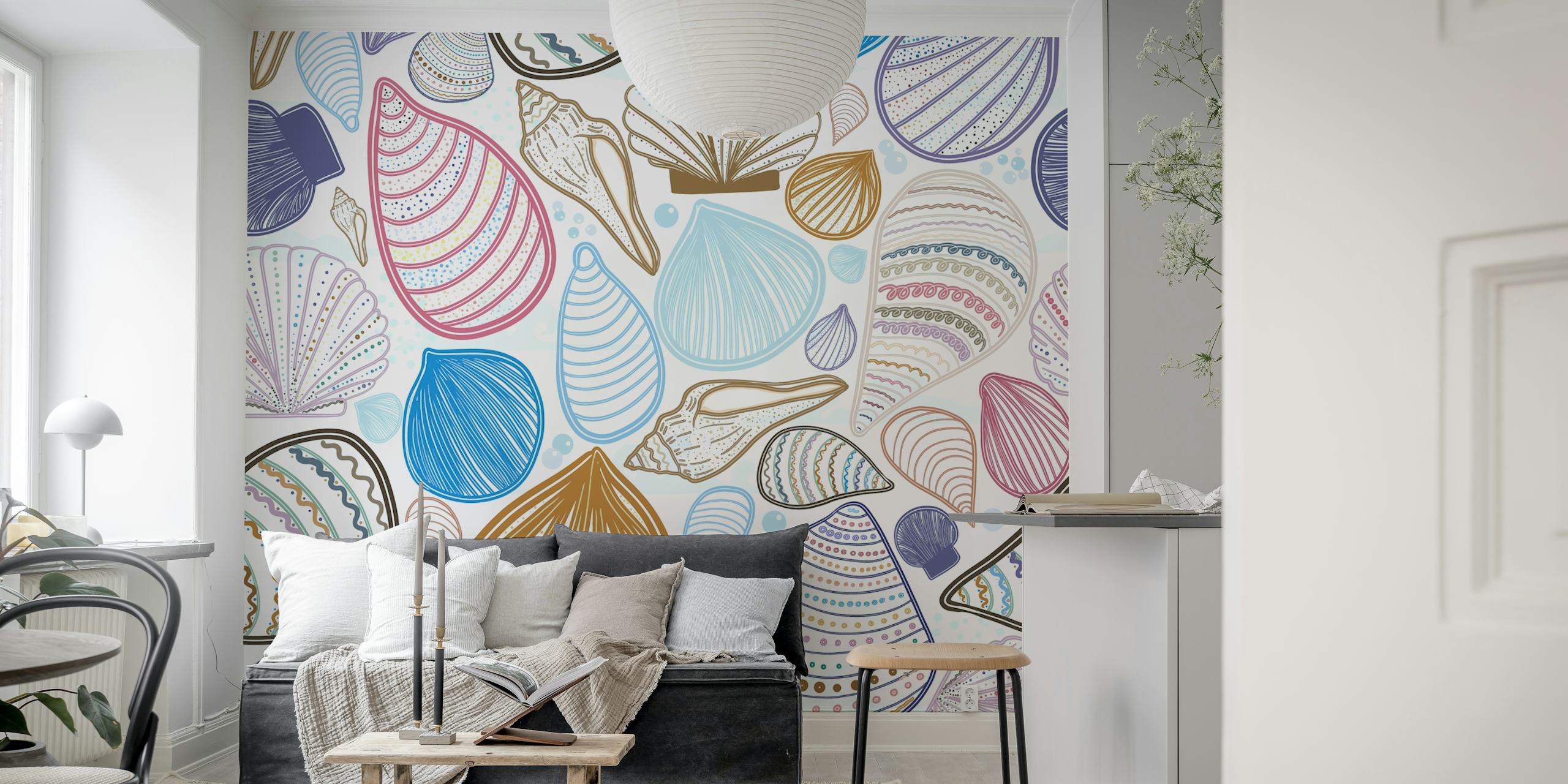 Pastel seashell pattern wall mural with a variety of sea shells in soothing colors