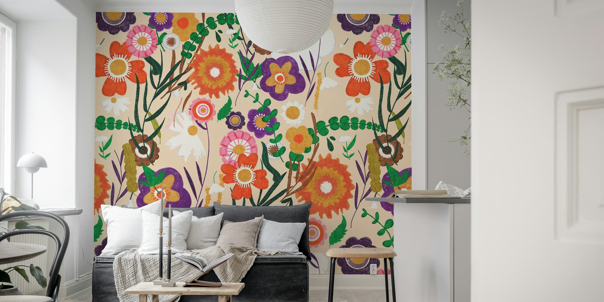 Colorful flowers on a soft beige background floral wallpaper