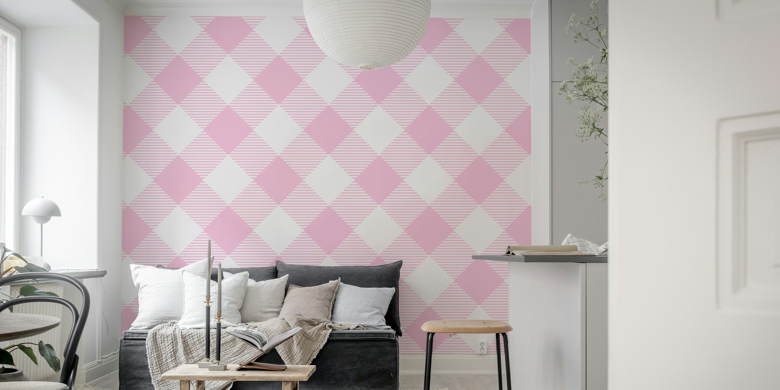 Pink and white gingham check pattern wall mural