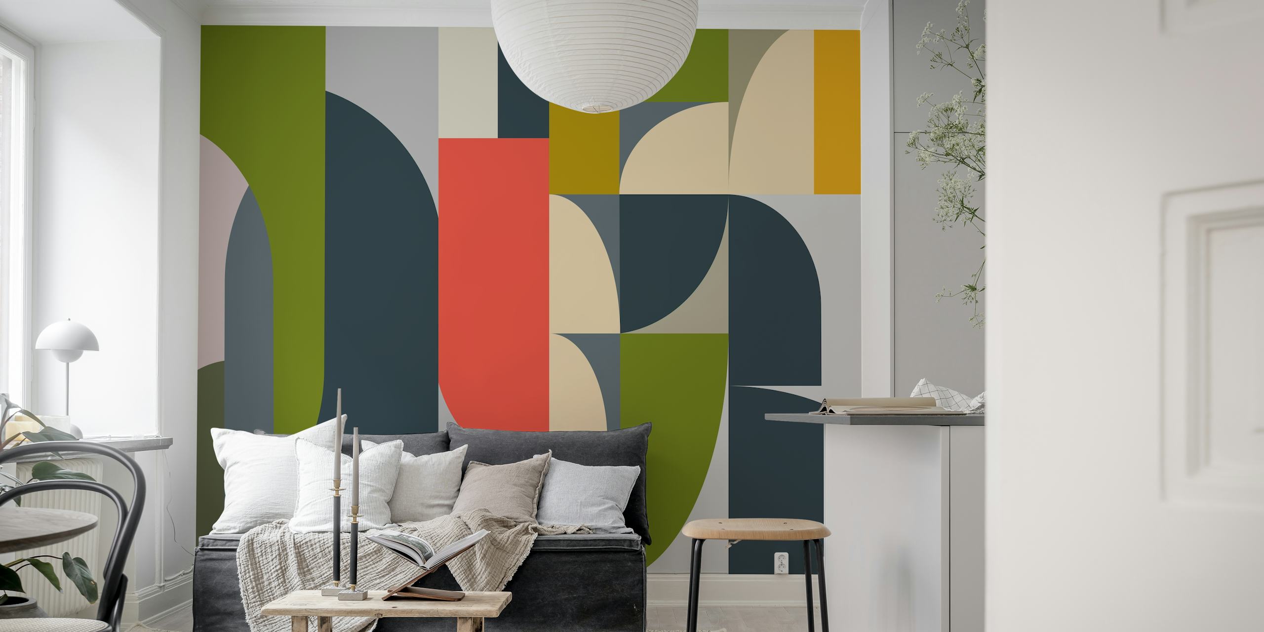 Geometric abstract shapes in vibrant colors including green, red, and navy blue wallpaper