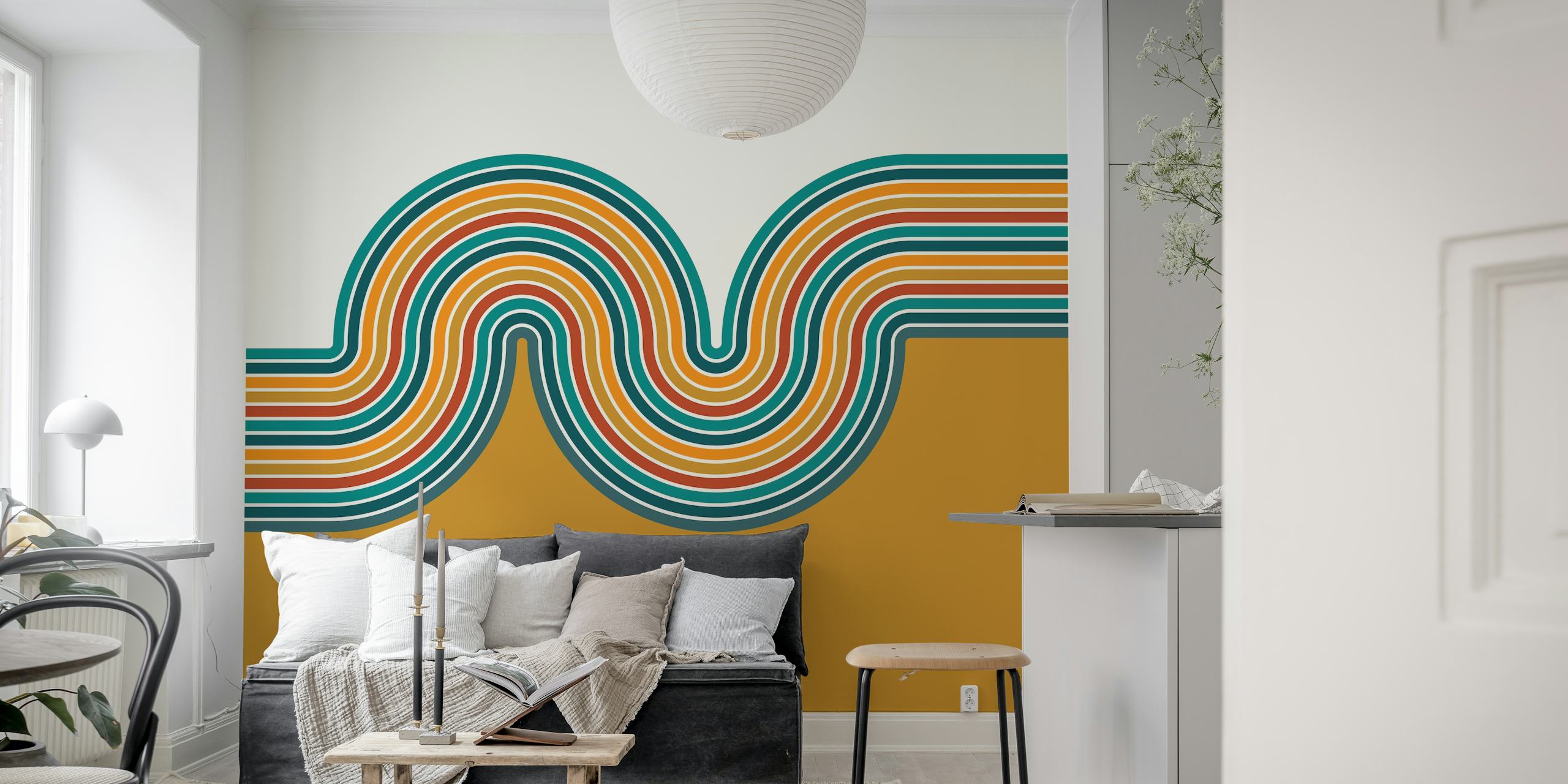 Retro-inspirierte Wandtapete mit Wellenlinien in leuchtenden Farben