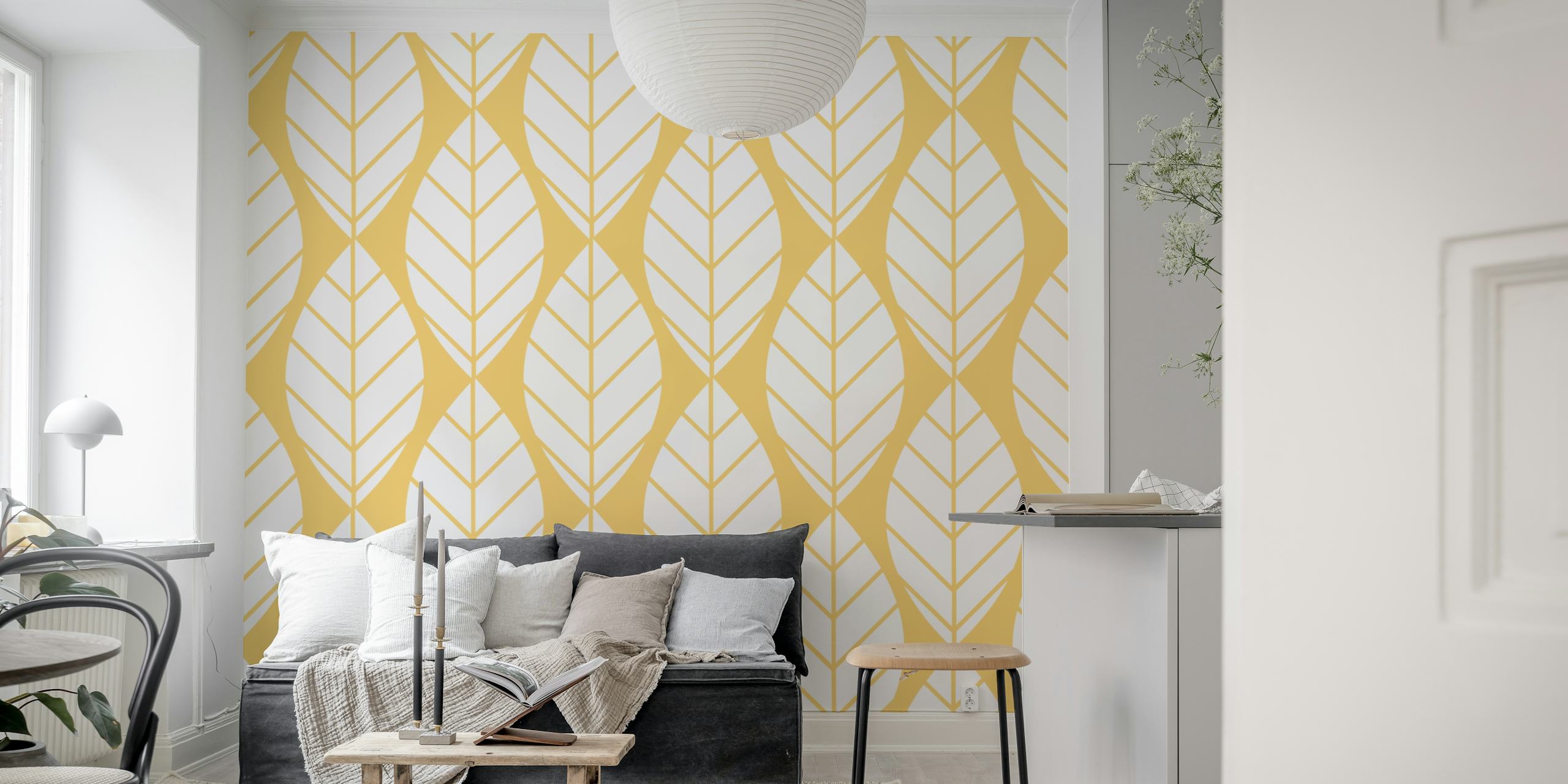 Tapeta White Leaves Yellow Pattern