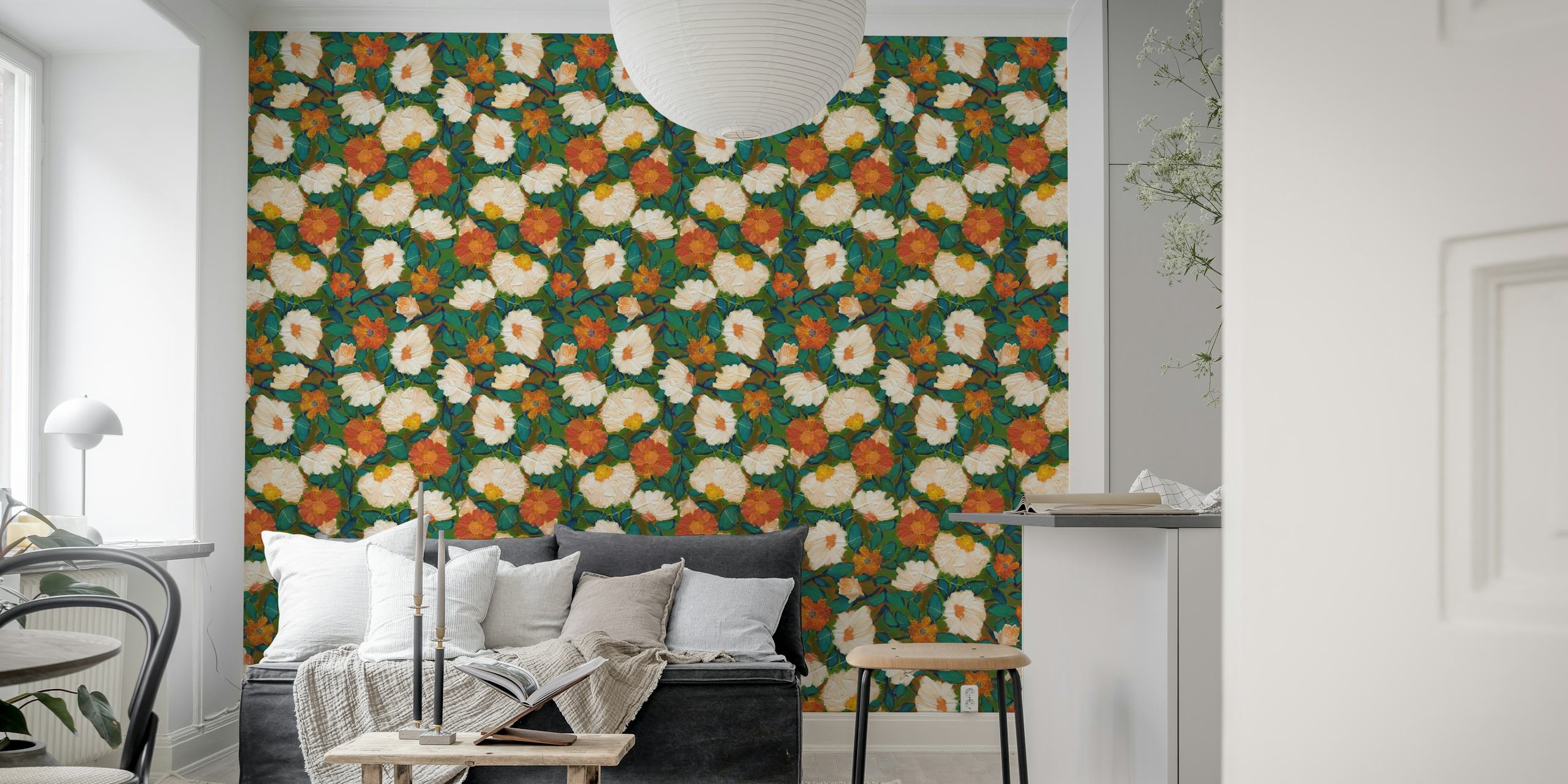 Fleurs orange chaudes avec des feuilles turquoise et vertes