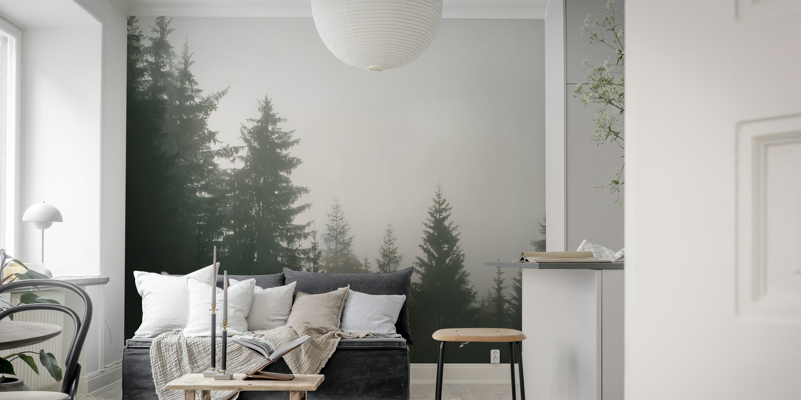 Dark fog enshrouded forest wall mural with tree silhouettes