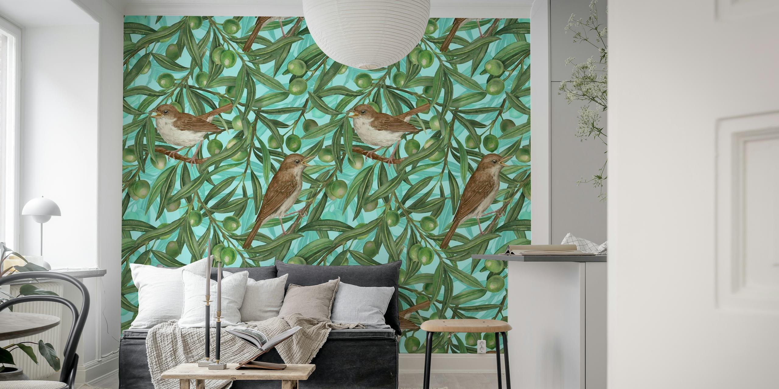 Illustrative wall mural of birds perched in olive trees with ripe olives